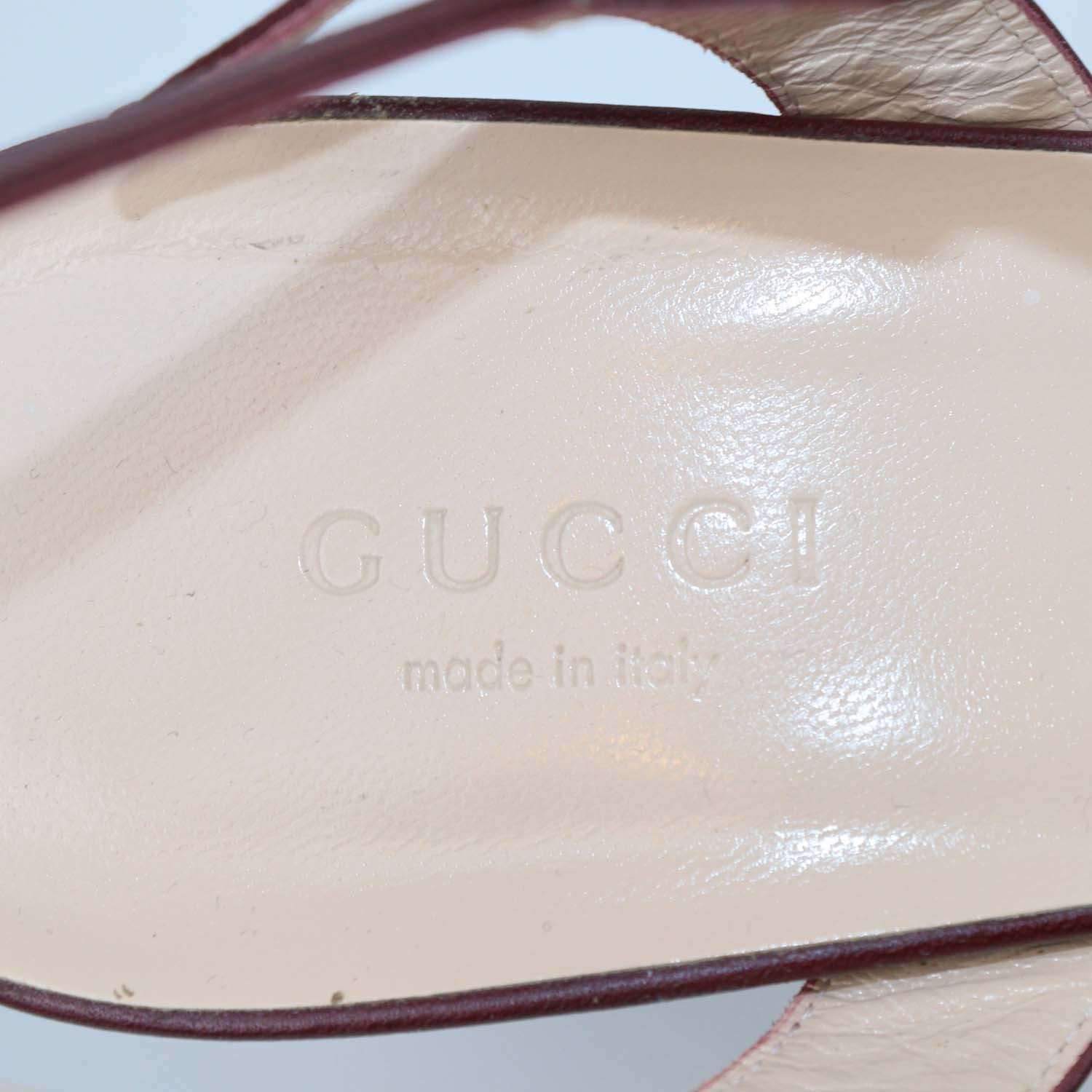 Gucci Burgundy Leather GG Marmont Block Heel Ankle Strap Sandals