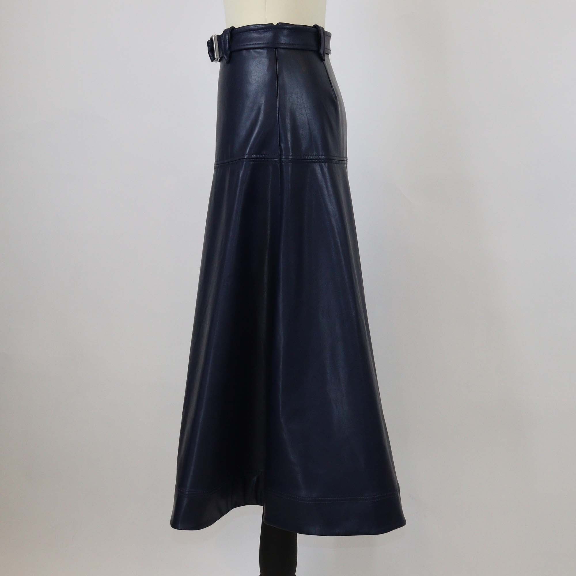 Simkhai Navy Blue Faux Leather Mayson Belted Midi Skirt