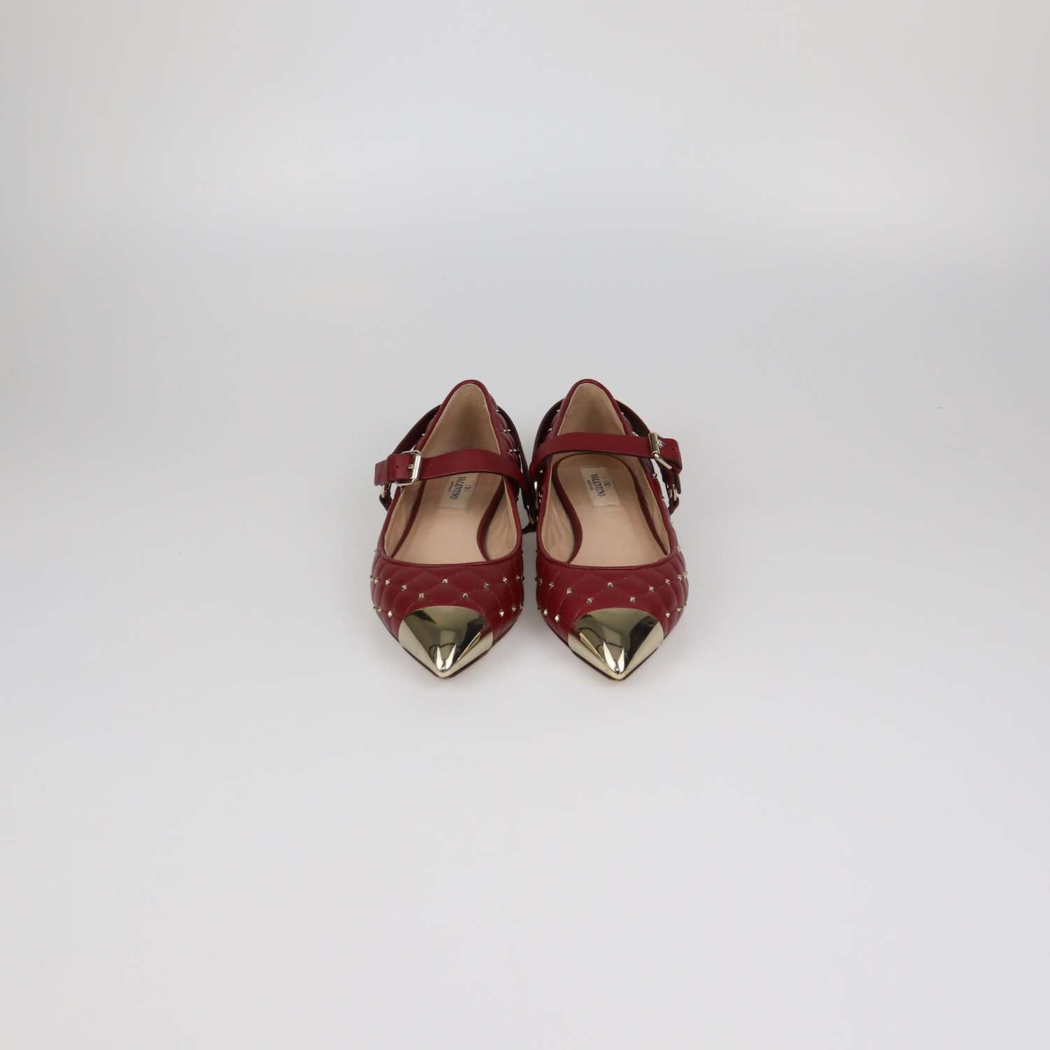 Valentino Dark Red Quilted Leather Rockstud Metal Cap Toe Ballet Flats