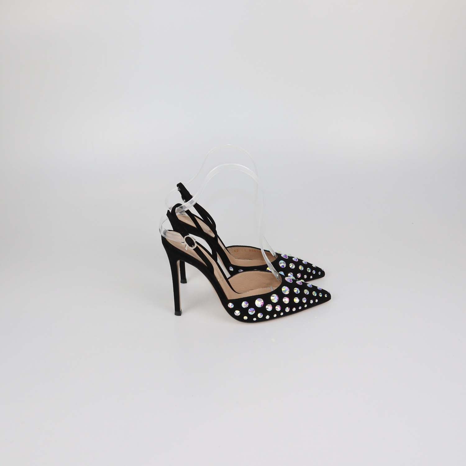 Gianvito Rossi Black Suede Iridescent Crystal Spectra Slingback Pumps