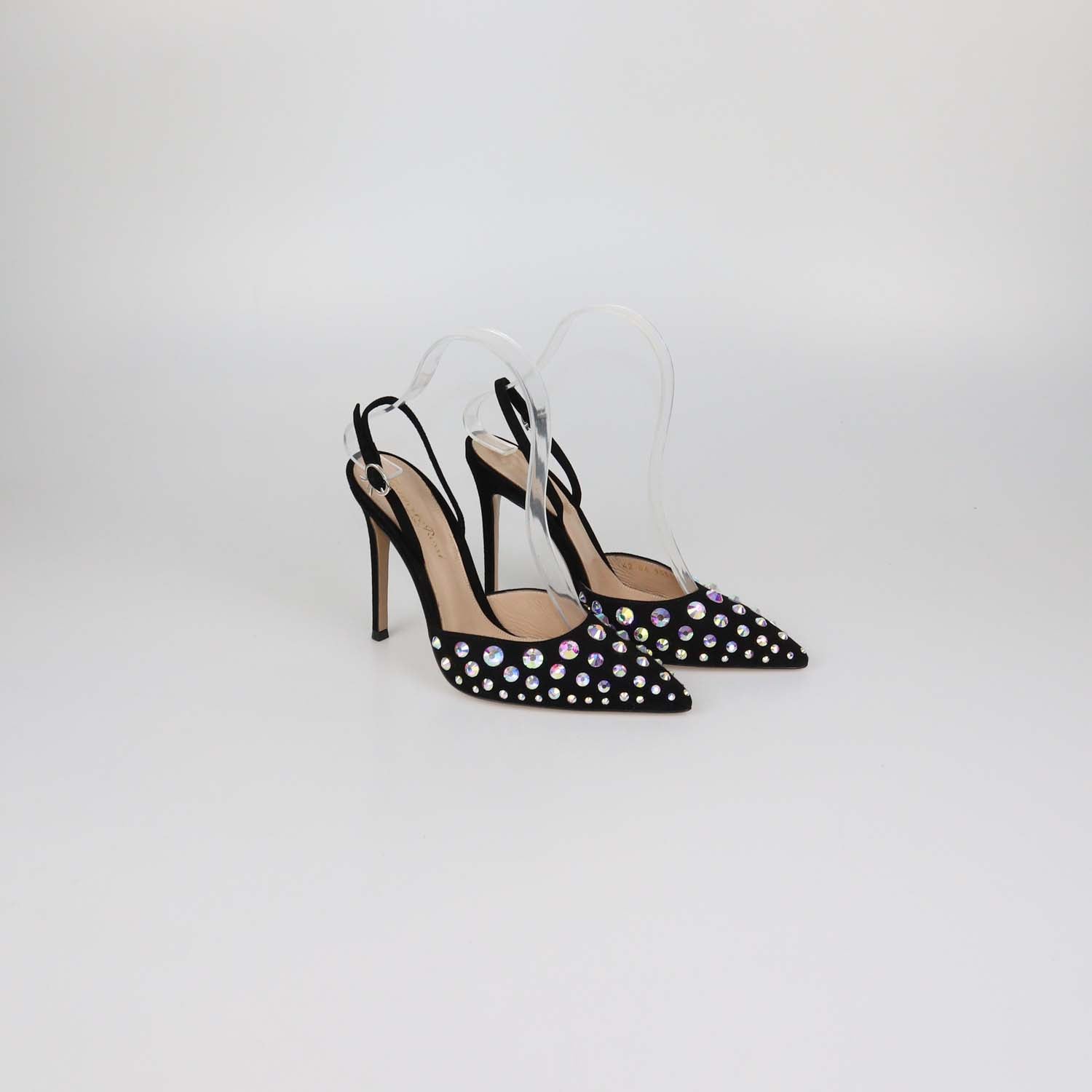Gianvito Rossi Black Suede Iridescent Crystal Spectra Slingback Pumps