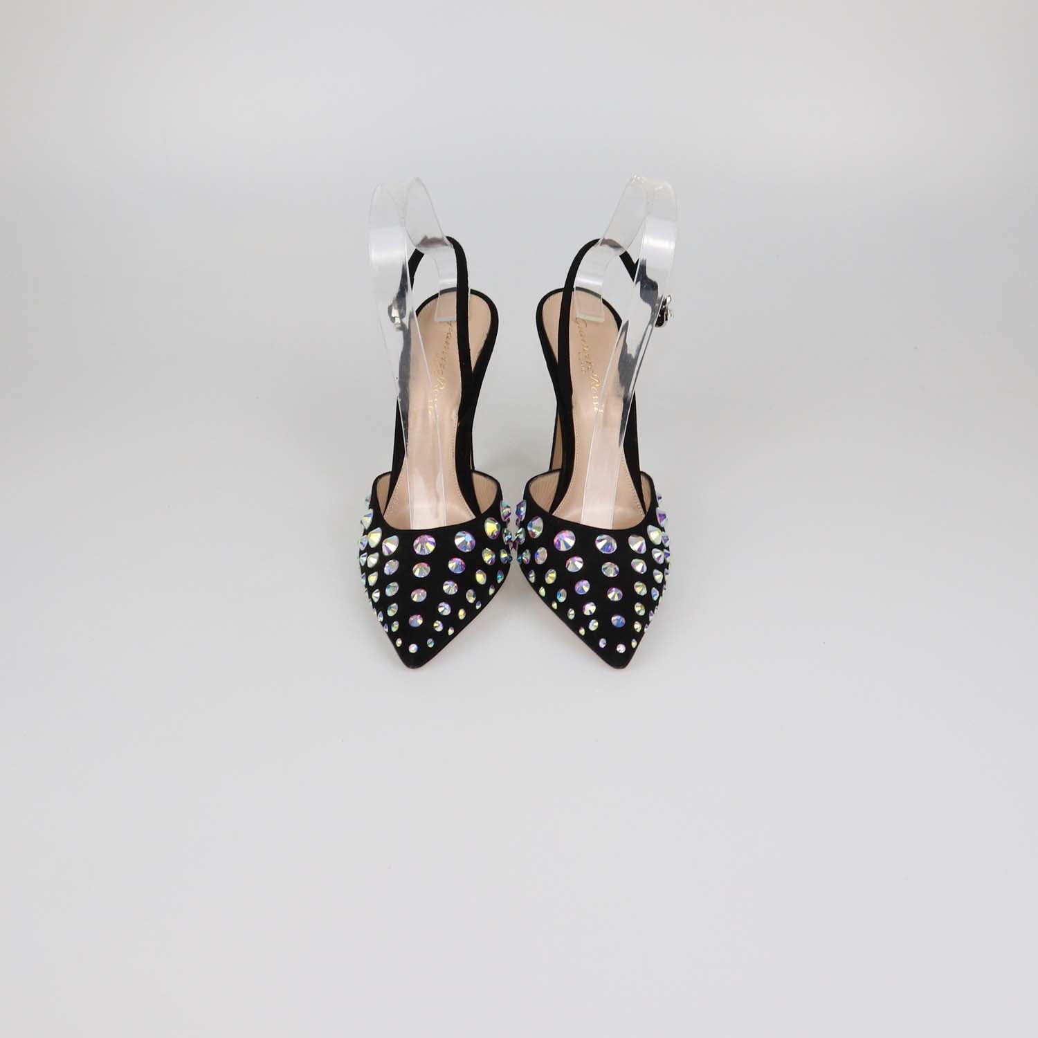 Gianvito Rossi Black Suede Iridescent Crystal Spectra Slingback Pumps