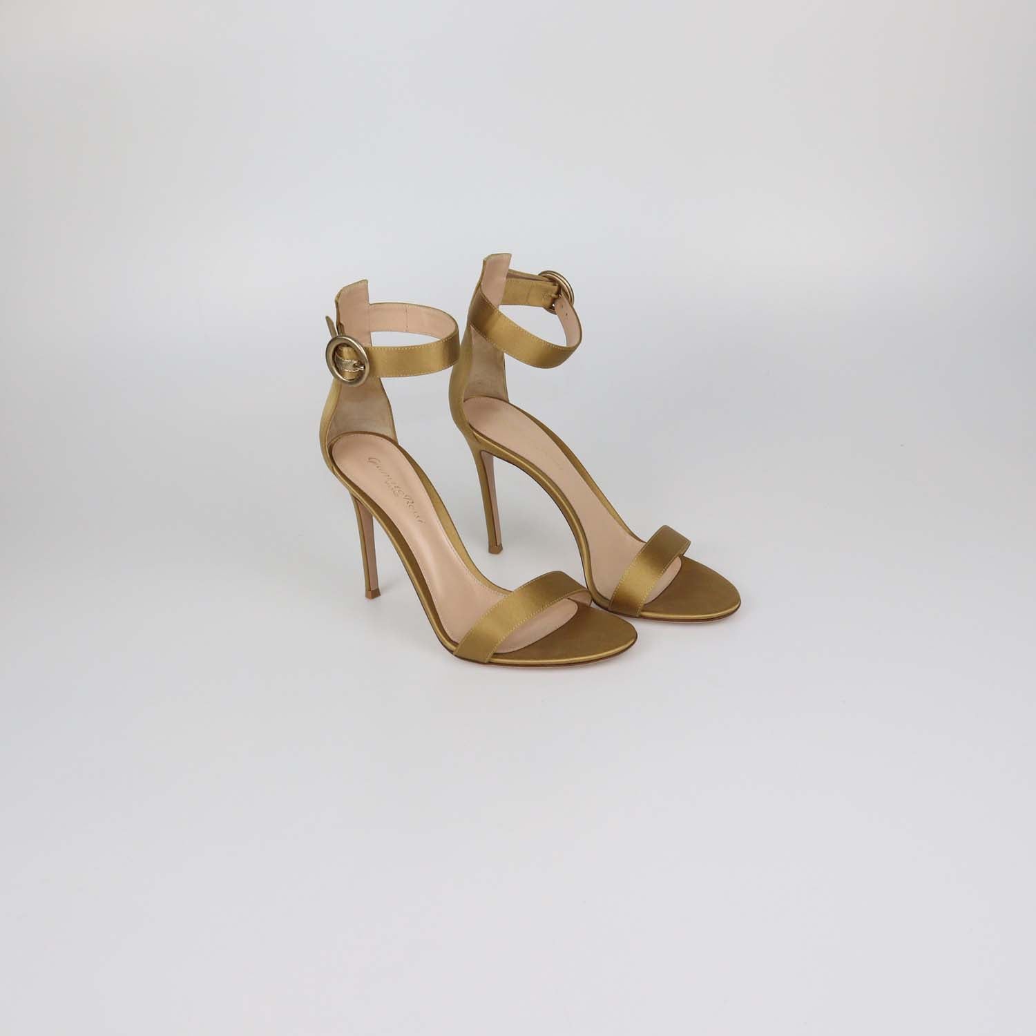 Gianvito Rossi Gold Satin Ankle Strap Open Toe Sandals