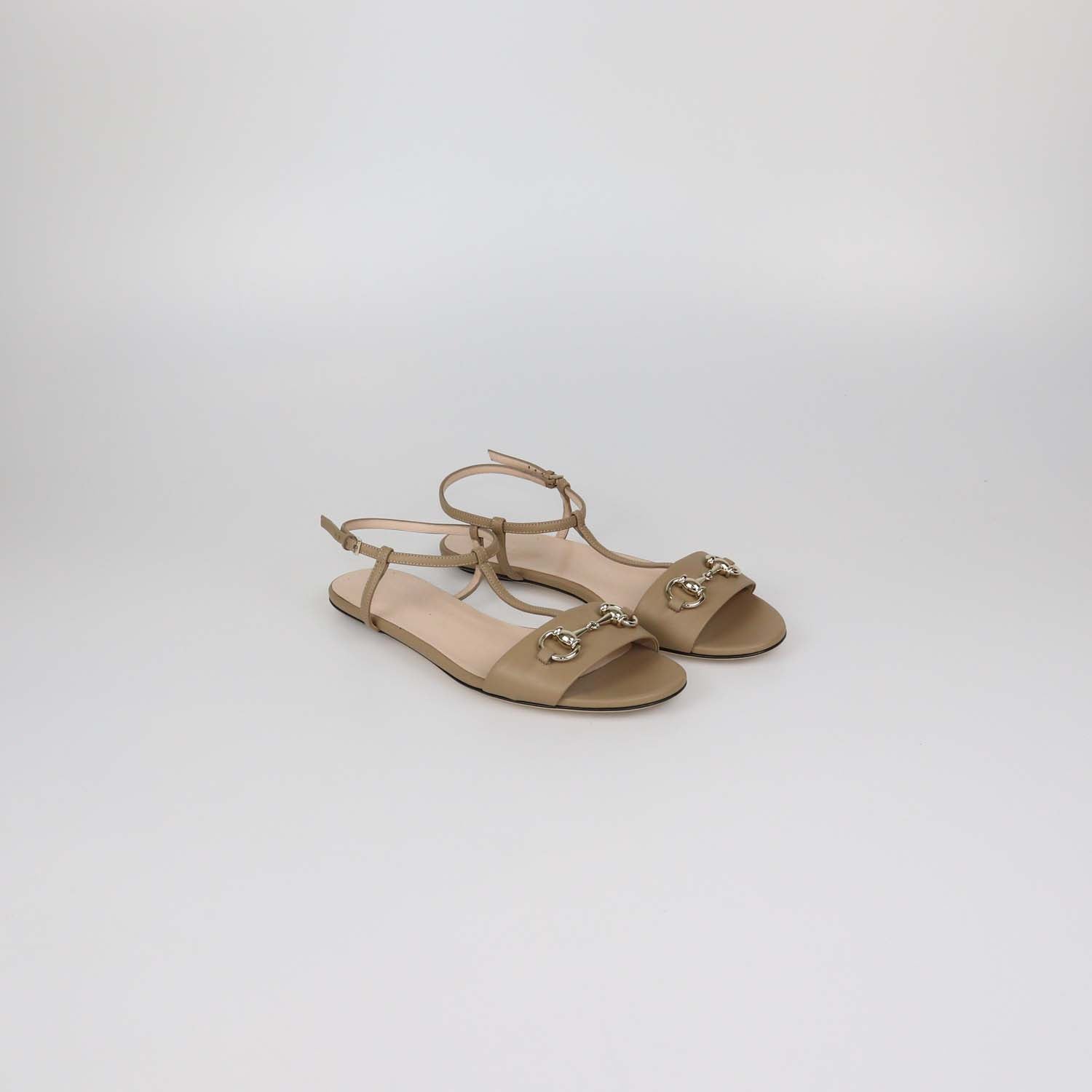 Gucci Beige Leather Horsebit T-Strap Flat Sandals
