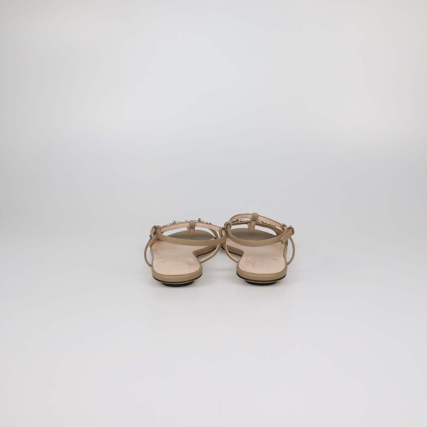 Gucci Beige Leather Horsebit T-Strap Flat Sandals