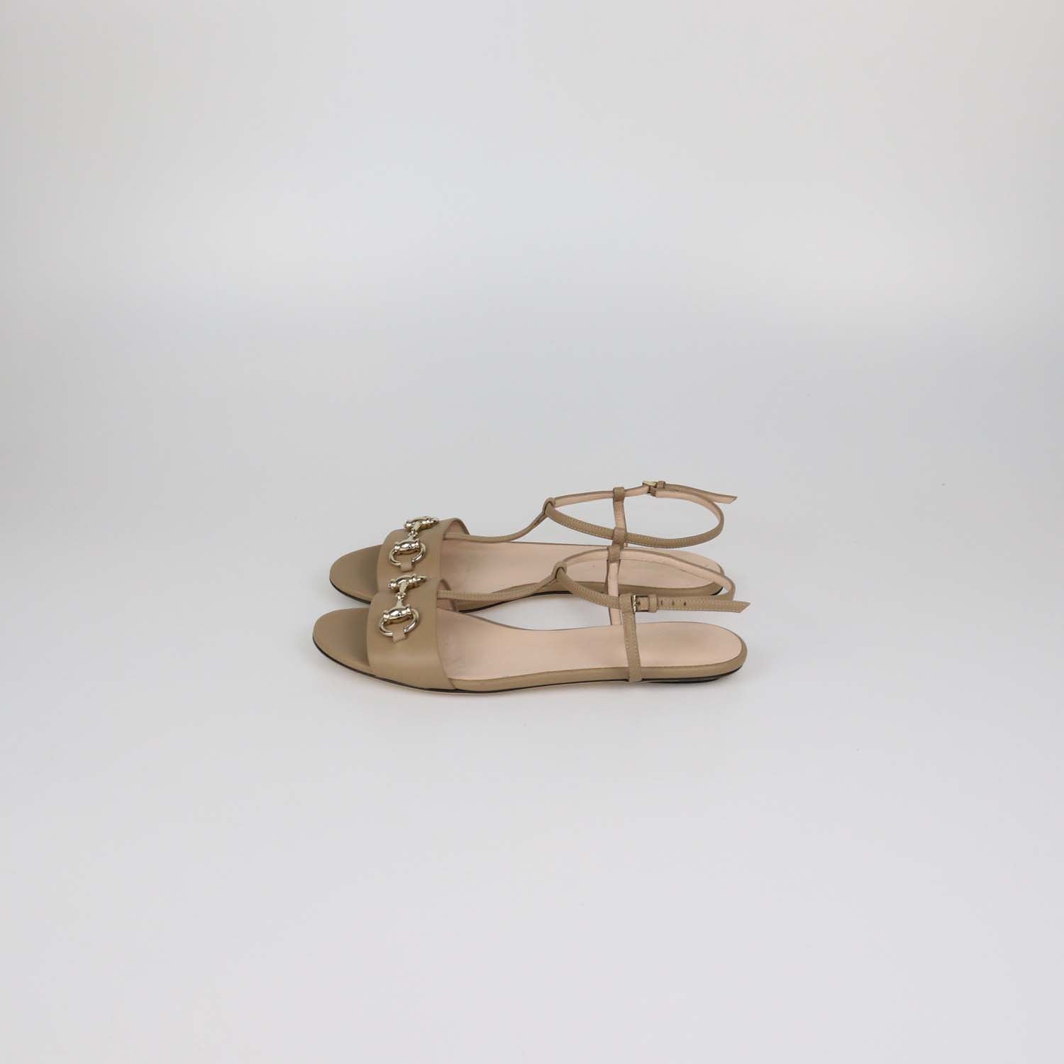 Gucci Beige Leather Horsebit T-Strap Flat Sandals