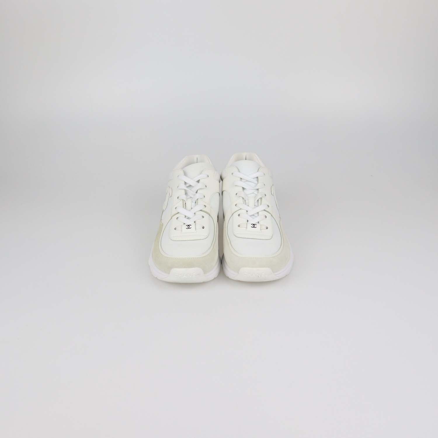 Chanel White, Grey Leather and Nylon CC Low Top Sneakers