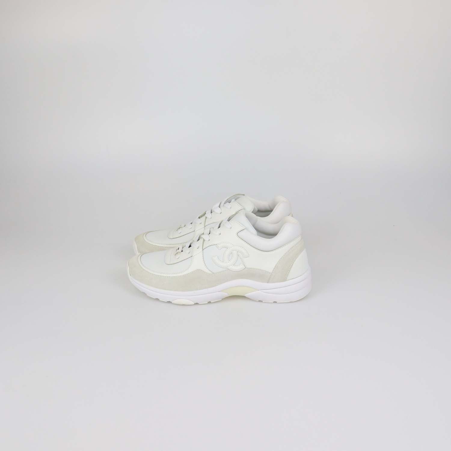 Chanel White, Grey Leather and Nylon CC Low Top Sneakers