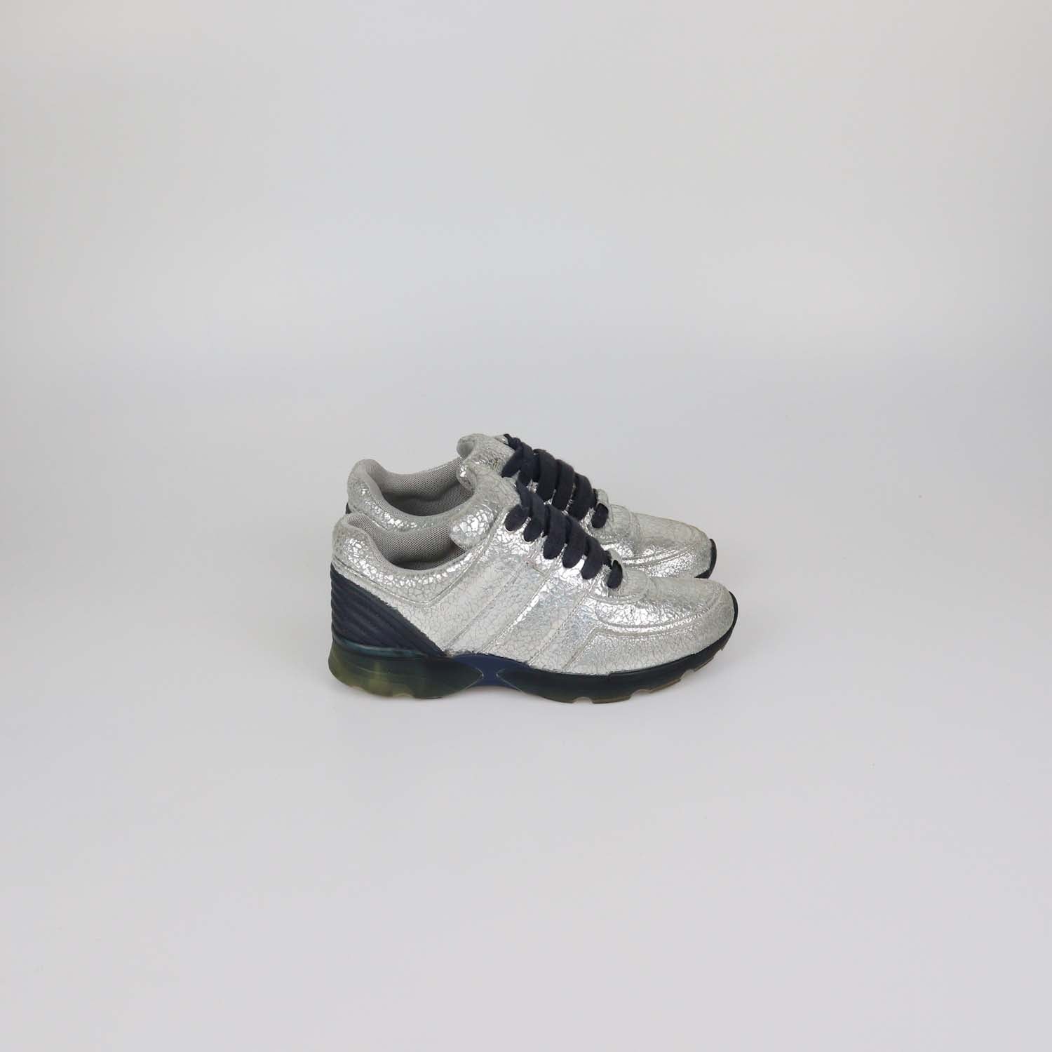Chanel Silver Crackled Effect Suede Trainer Sneaker