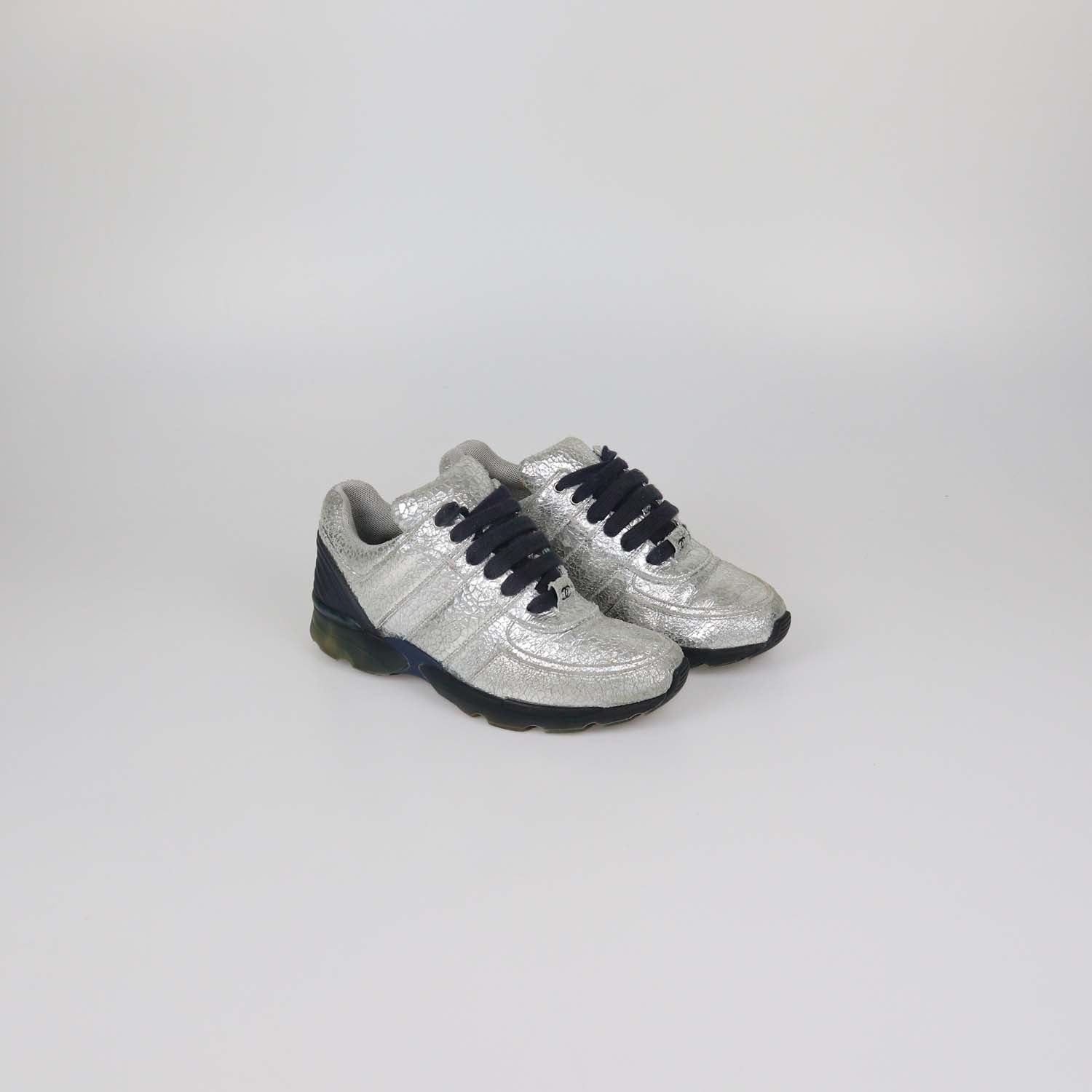 Chanel Silver Crackled Effect Suede Trainer Sneaker