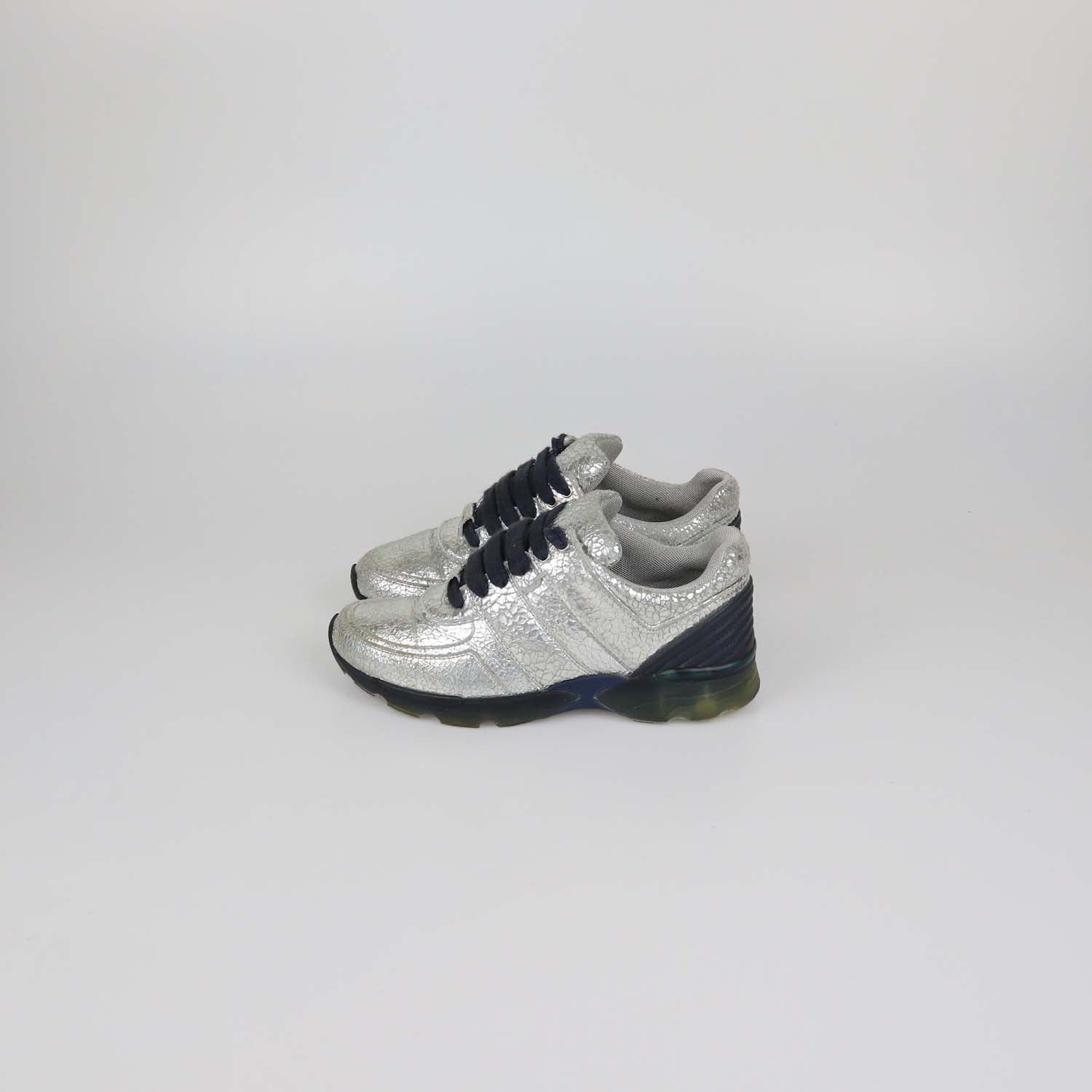 Chanel Silver Crackled Effect Suede Trainer Sneaker