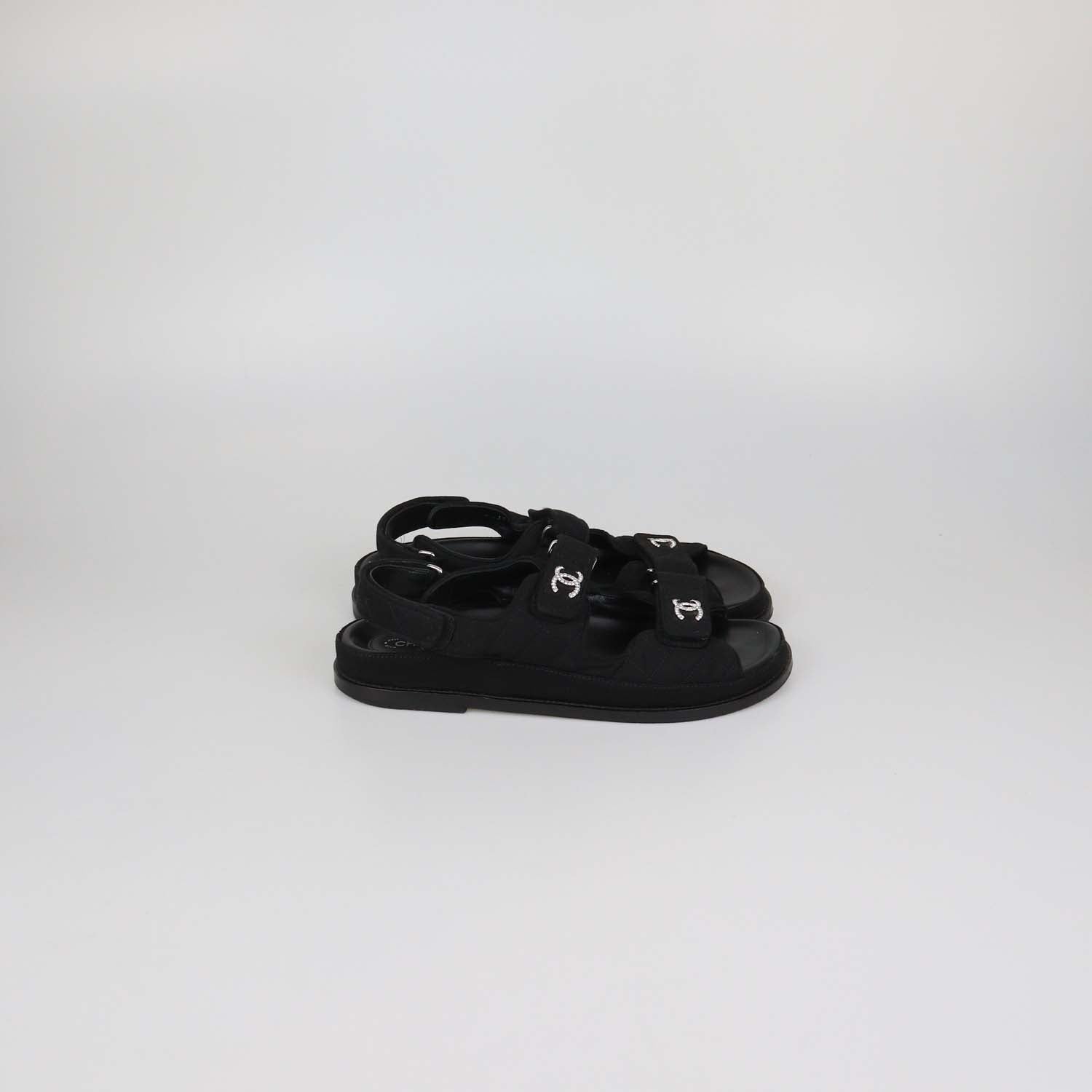 Chanel Black Quilted Fabric Crystal CC Dad Sandals