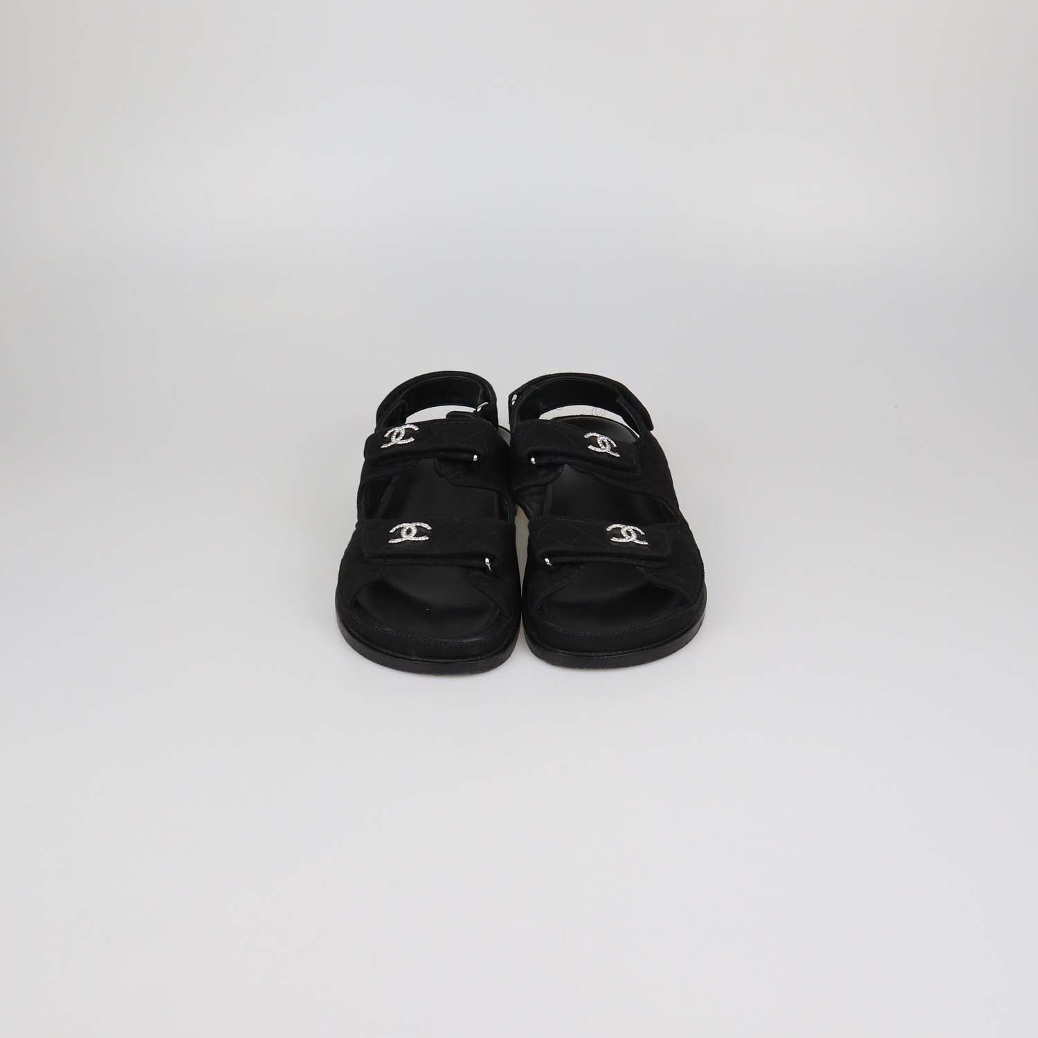 Chanel Black Quilted Fabric Crystal CC Dad Sandals