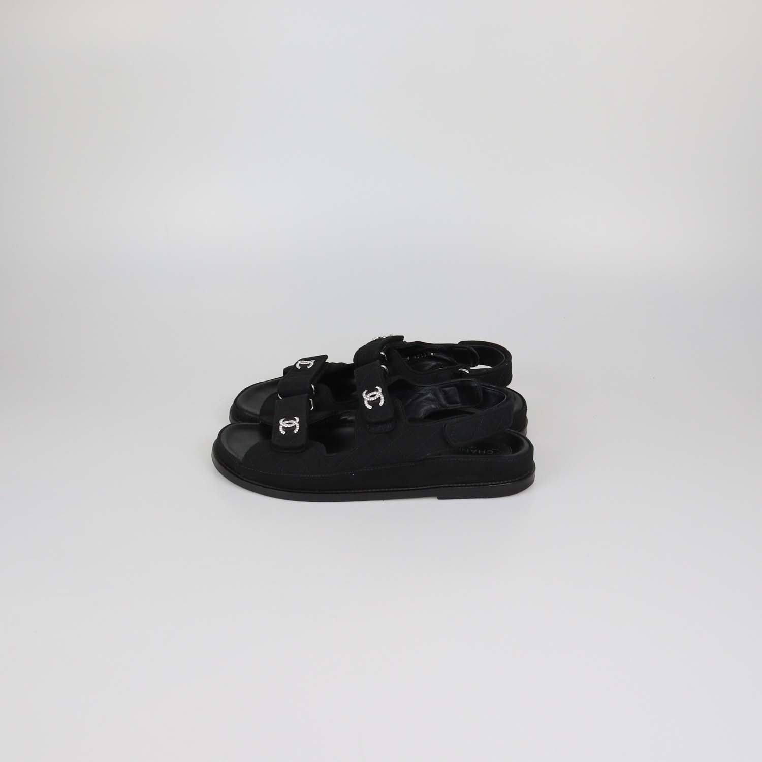 Chanel Black Quilted Fabric Crystal CC Dad Sandals