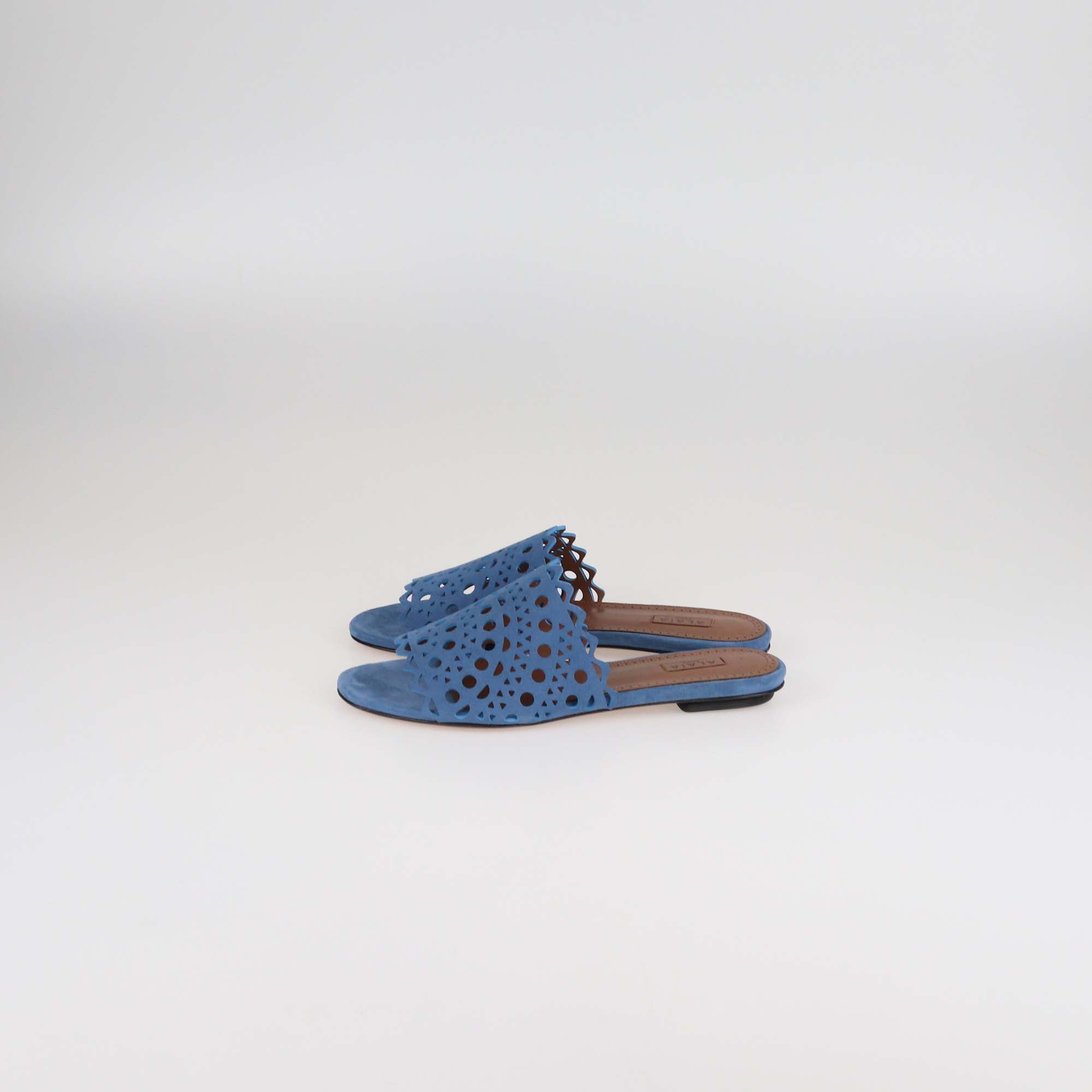 Alaia Blue Denim Laser Cut Suede Vienne Mules Flat