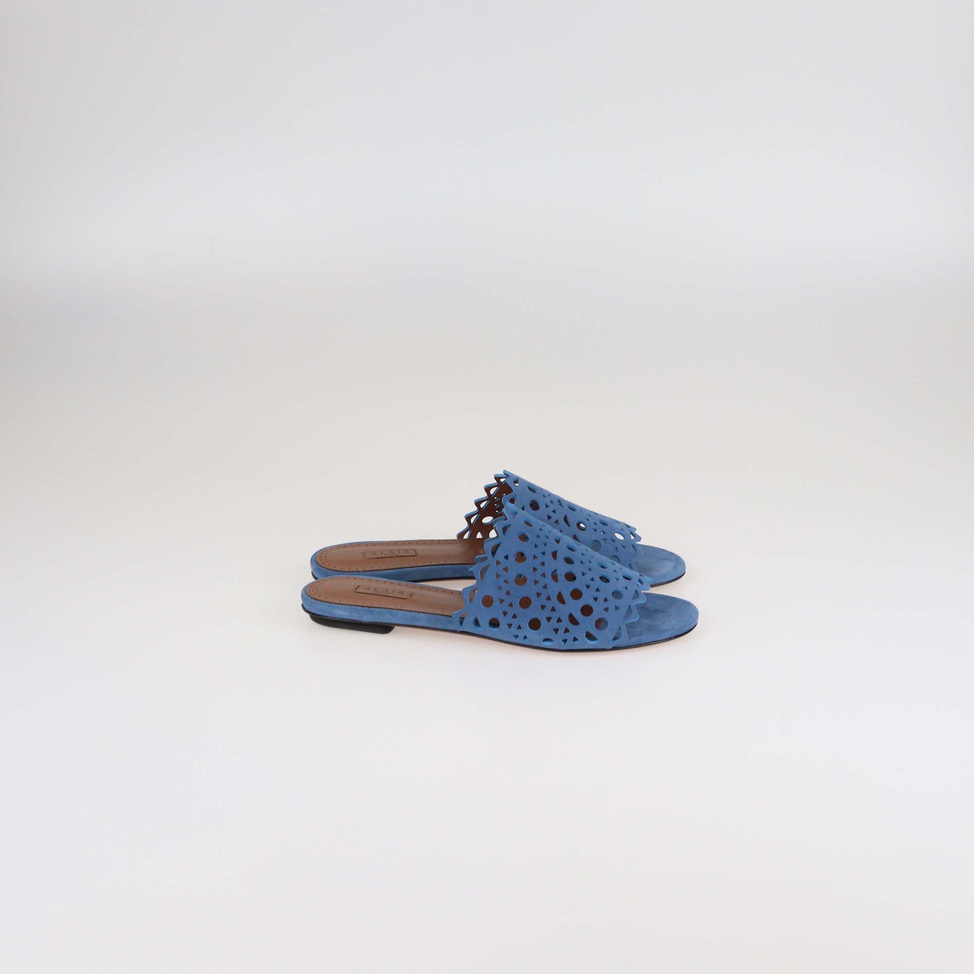 Alaia Blue Denim Laser Cut Suede Vienne Mules Flat