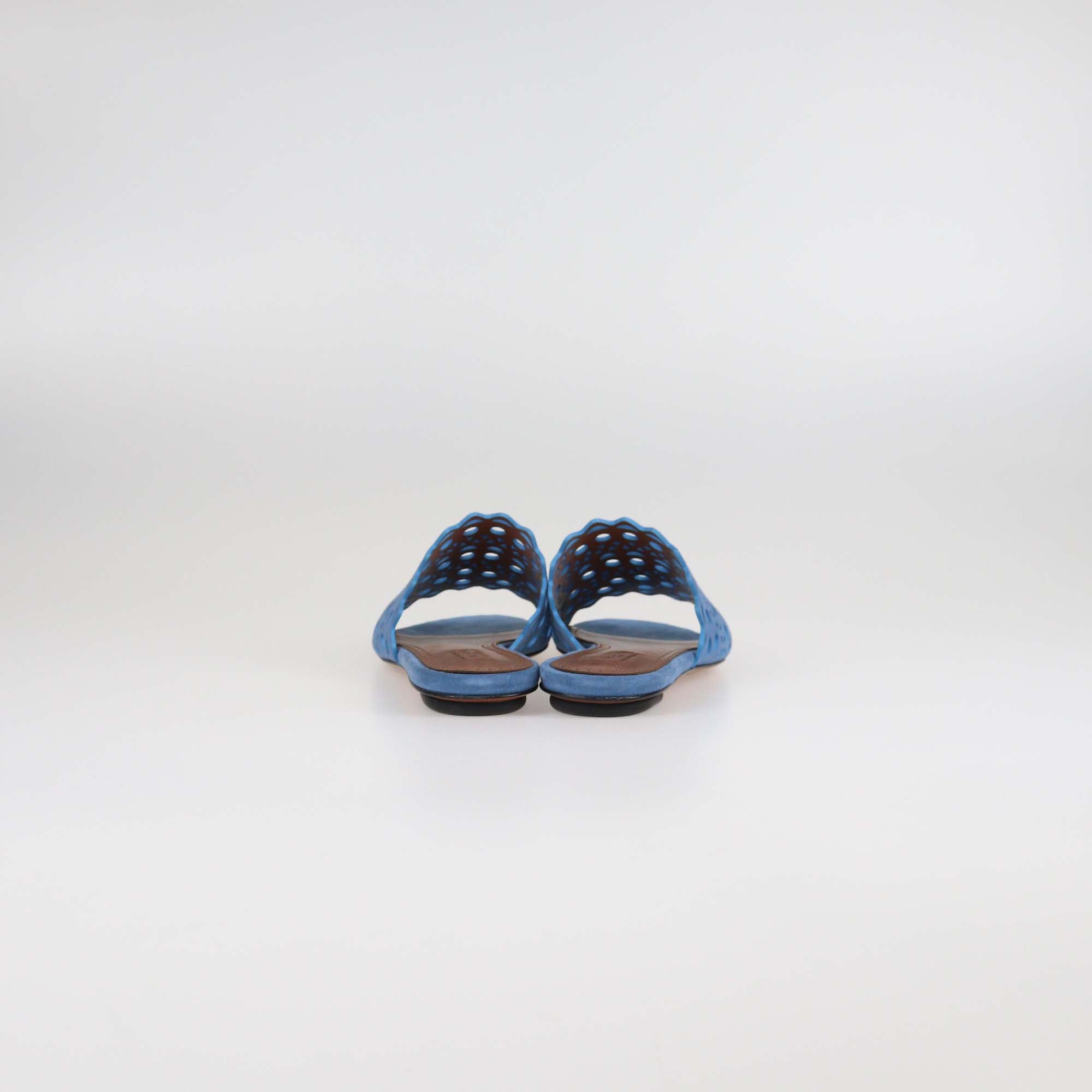 Alaia Blue Denim Laser Cut Suede Vienne Mules Flat