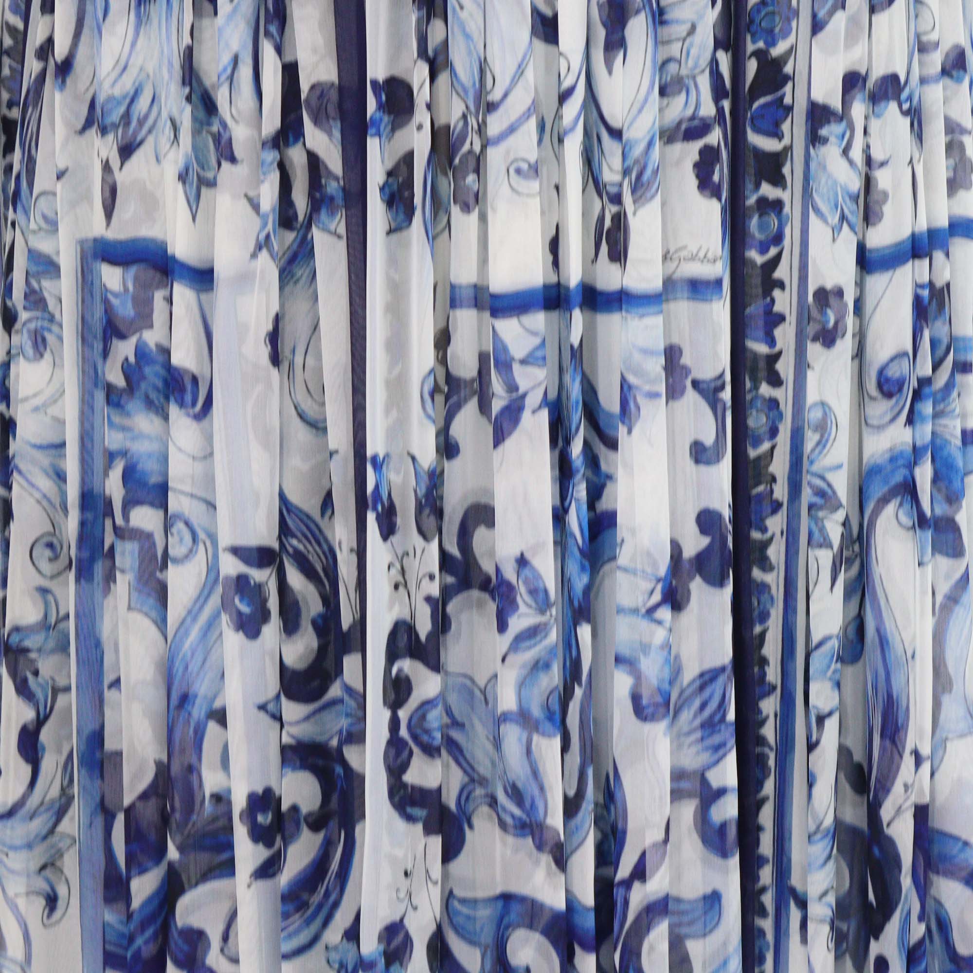 Dolce & Gabbana Blue/White Silk Long Majolica Print Chiffon Skirt