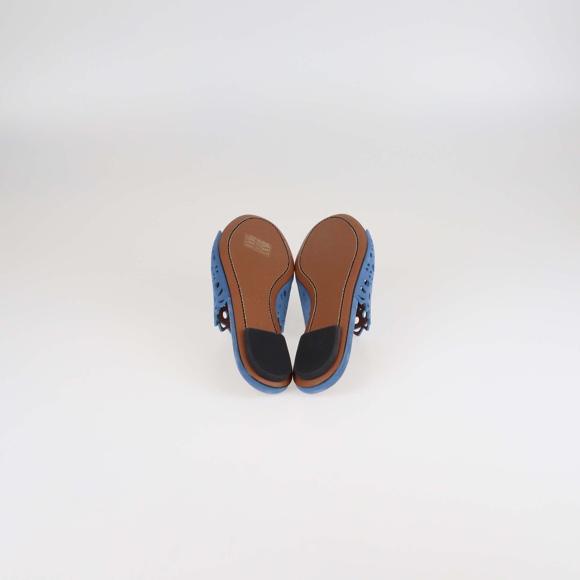 Alaia Blue Denim Laser Cut Suede Vienne Mules Flat