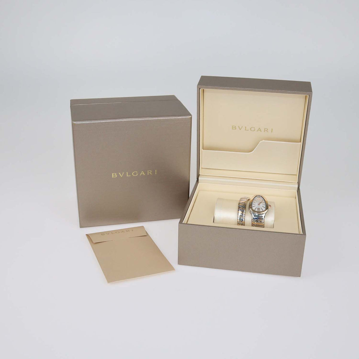 Bvlgari White Opaline Guilloché Soleil Dial 18K Rose Gold Stainless Steel Serpenti Tubogas Watch 35 mm
