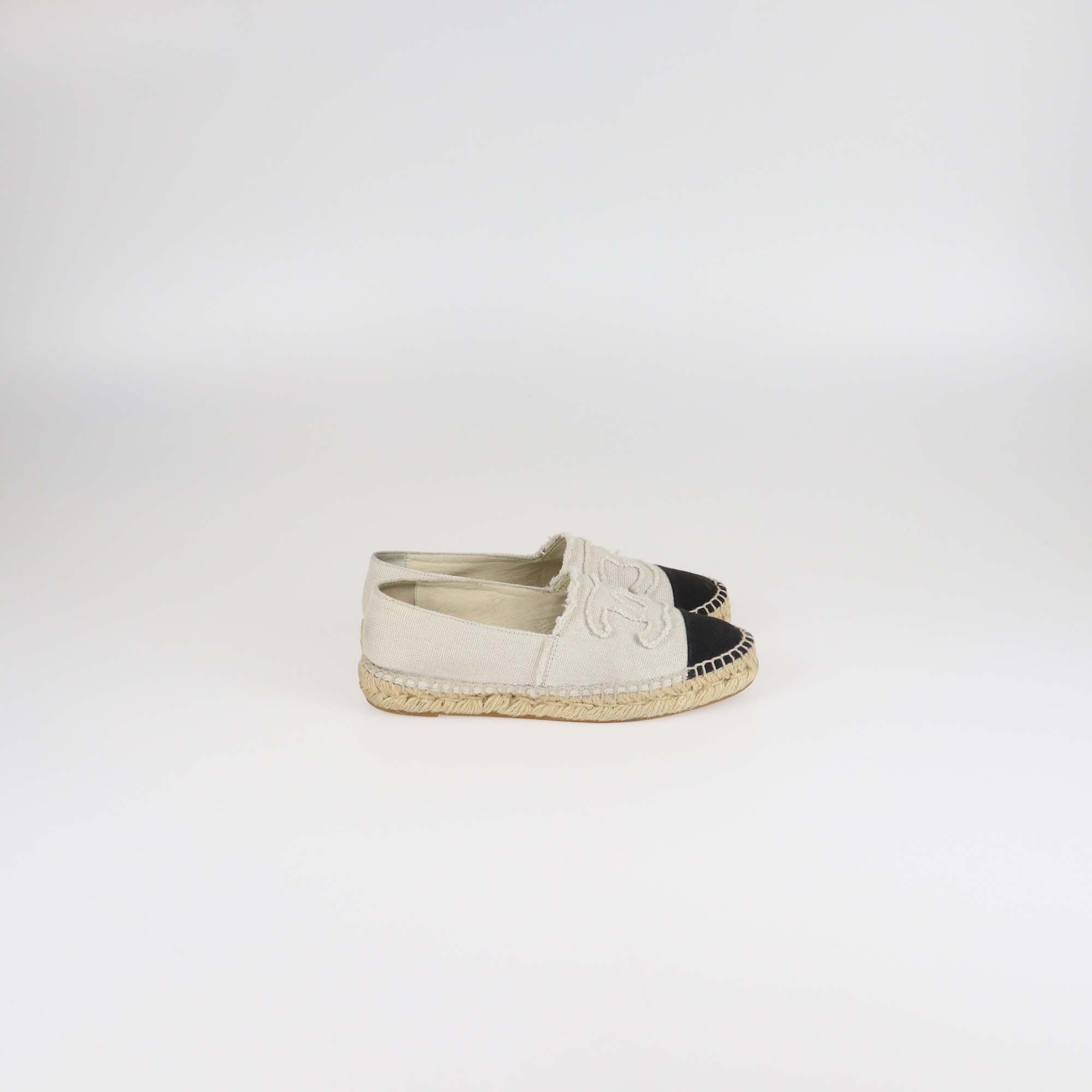 Chanel Off White/Black Canvas Espadrille CC Cap Toe Flats