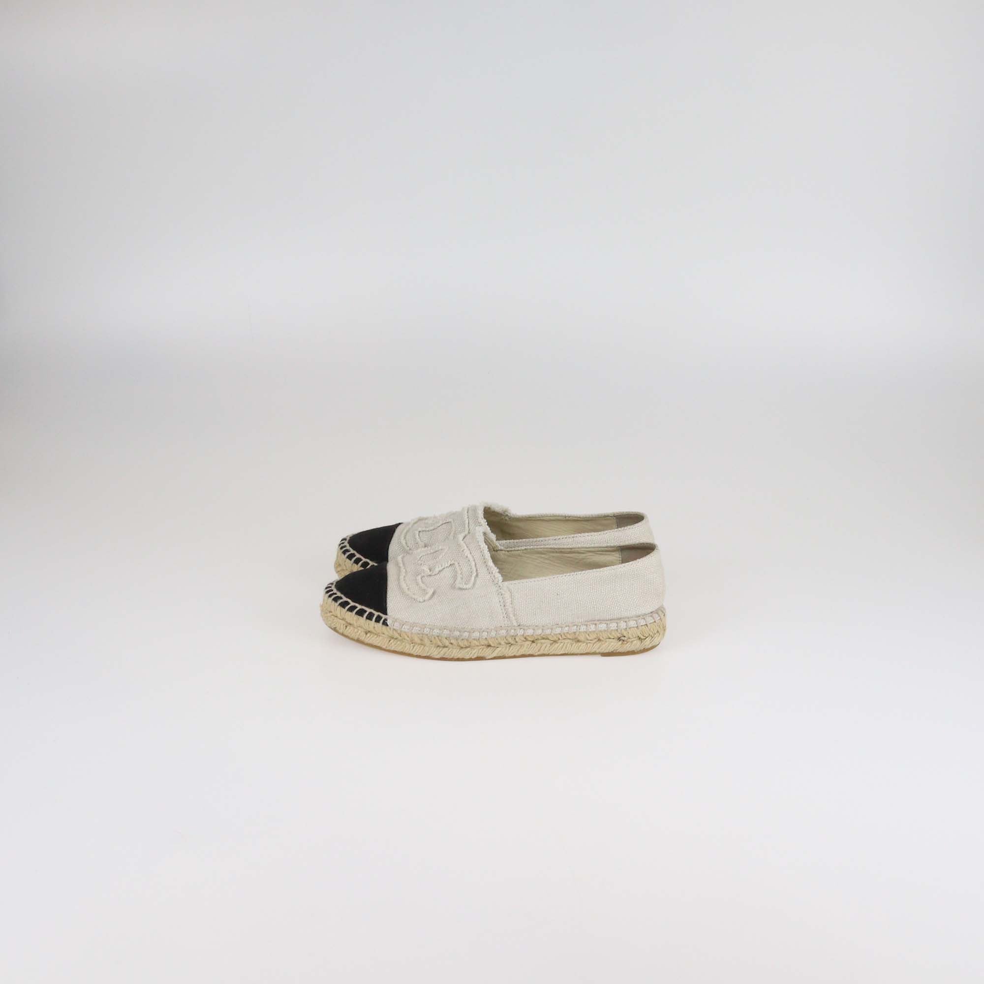 Chanel Off White/Black Canvas Espadrille CC Cap Toe Flats