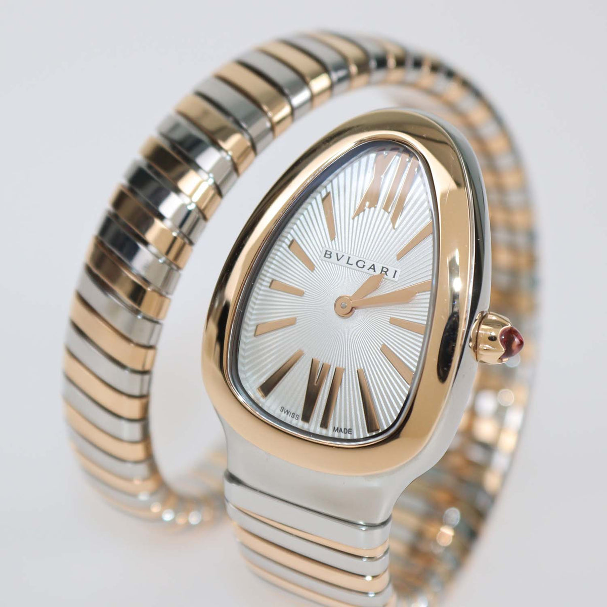 Bvlgari White Opaline Guilloché Soleil Dial 18K Rose Gold Stainless Steel Serpenti Tubogas Watch 35 mm