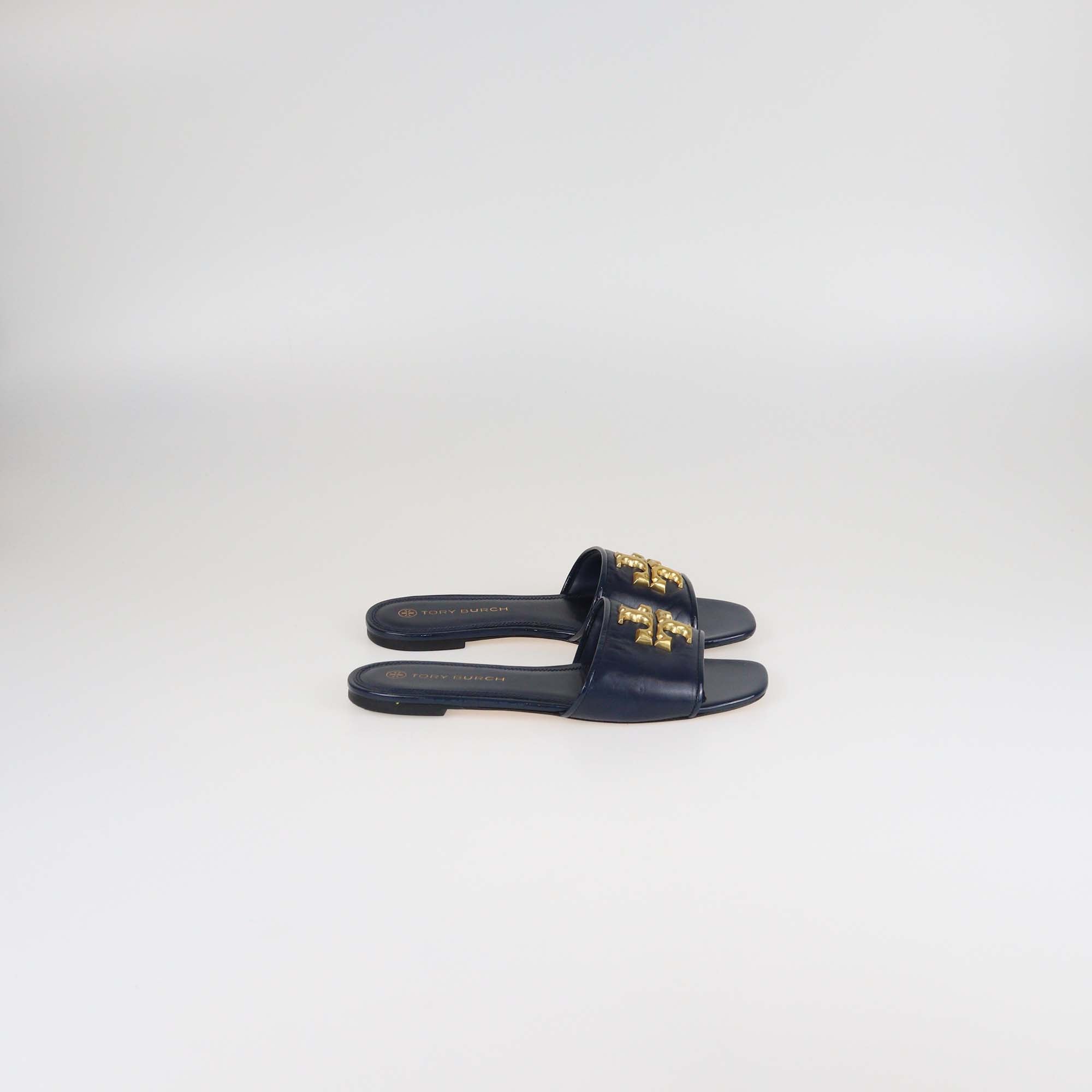 Tory Burch Navy Blue Leather & Patent Leather Eleanor Slides