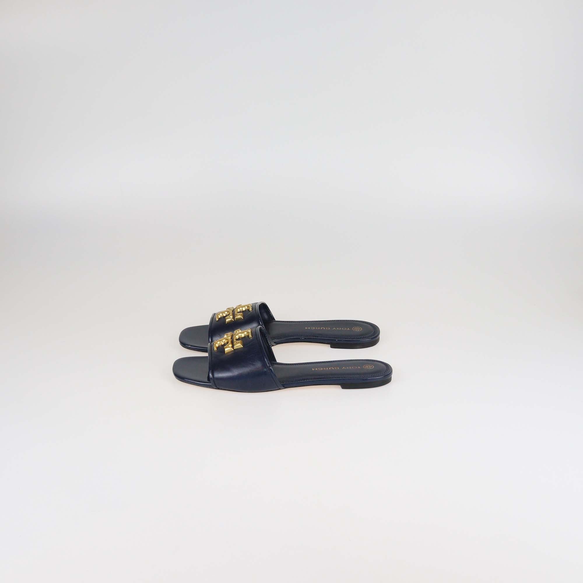 Tory Burch Navy Blue Leather & Patent Leather Eleanor Slides