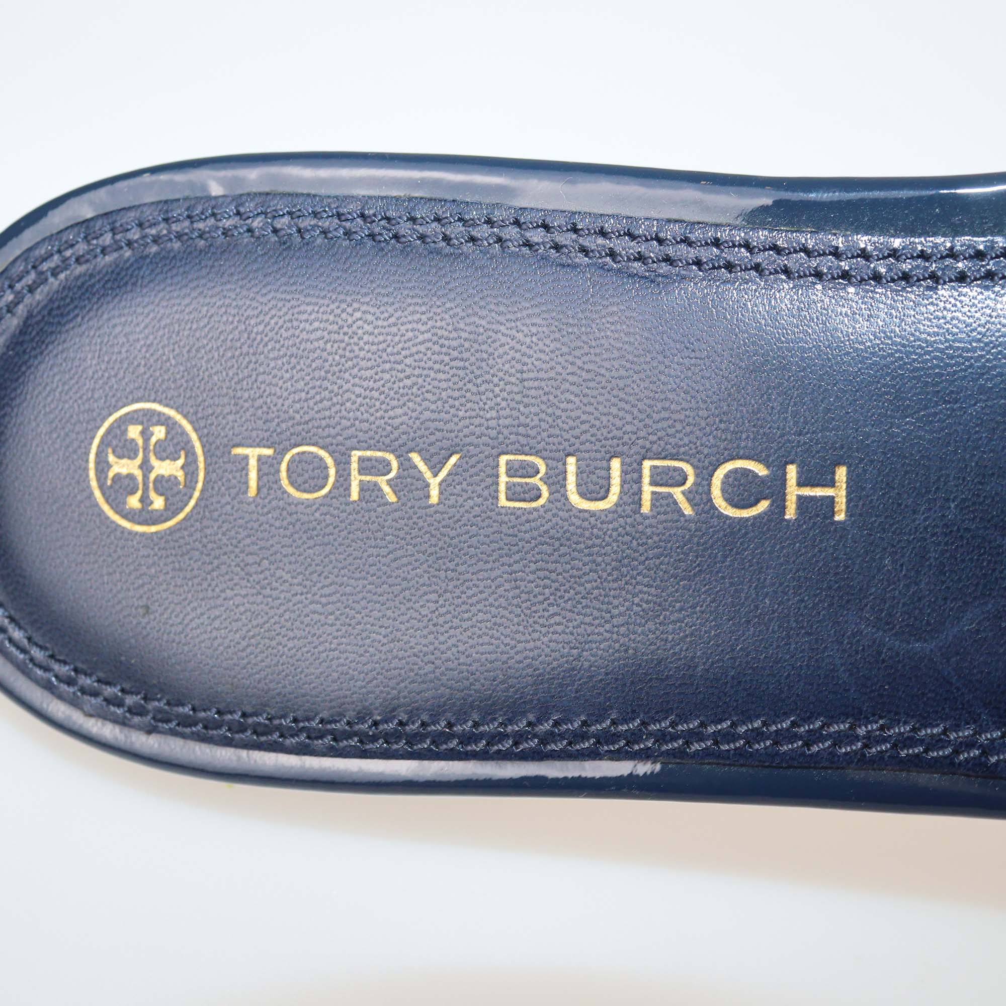 Tory Burch Navy Blue Leather & Patent Leather Eleanor Slides
