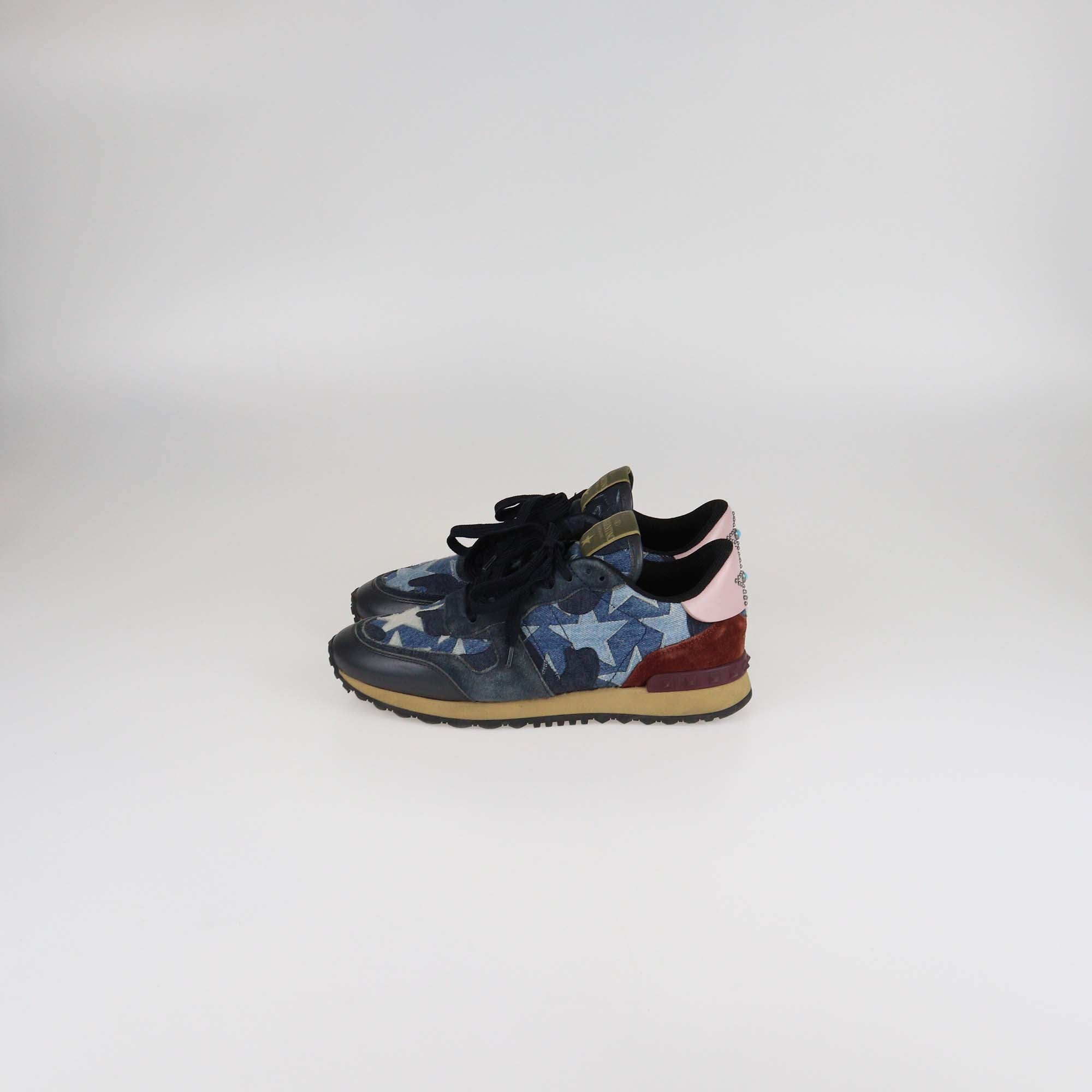 Valentino Multicolor Leather & Denim Star Rockrunner Sneakers