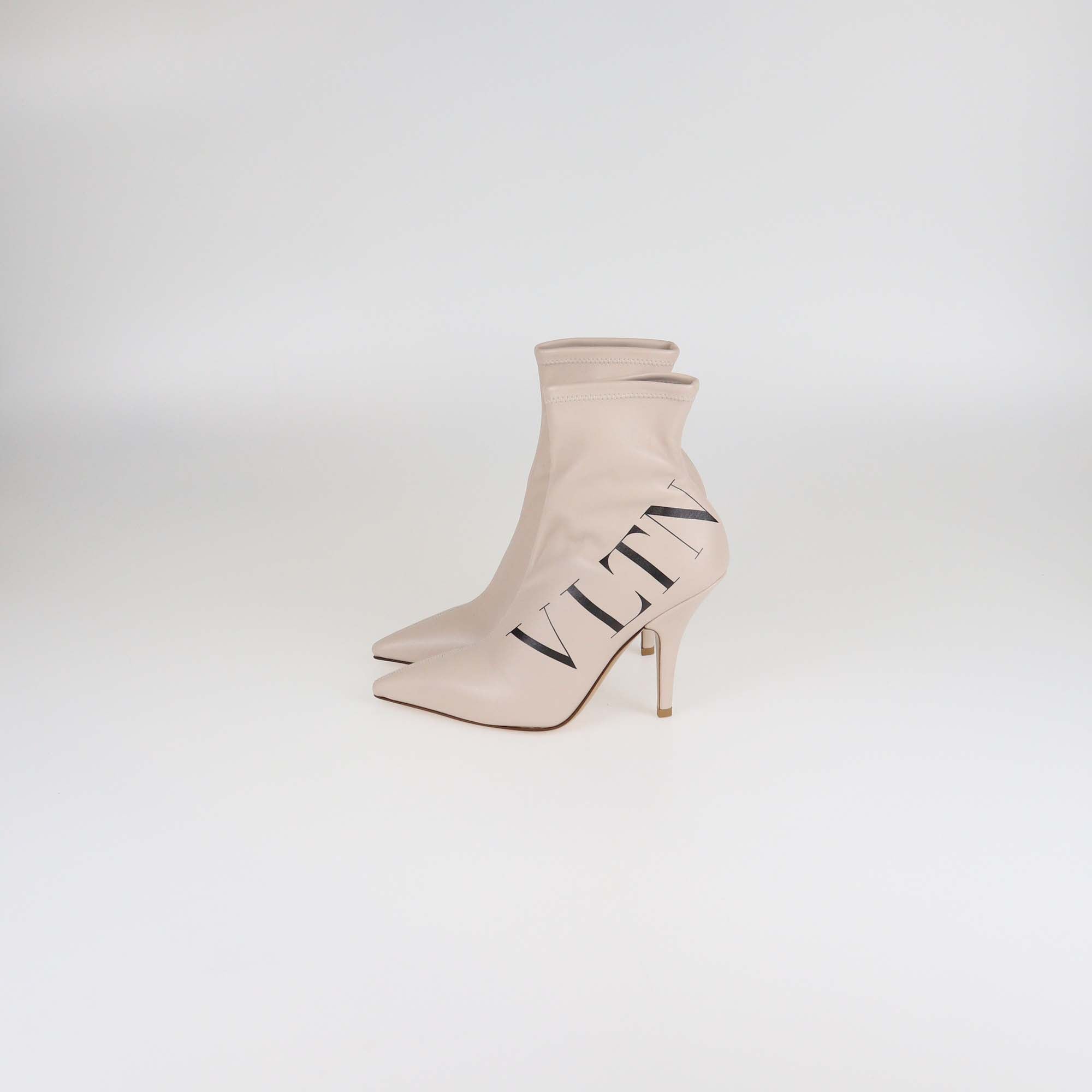 Valentino Beige Leather VLTN Pointed Toe Booties