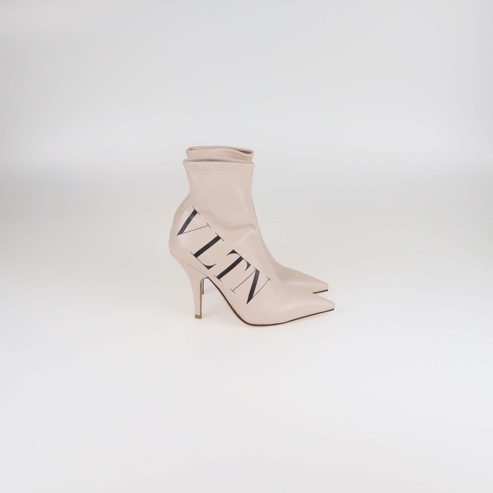 Valentino Beige Leather VLTN Pointed Toe Booties