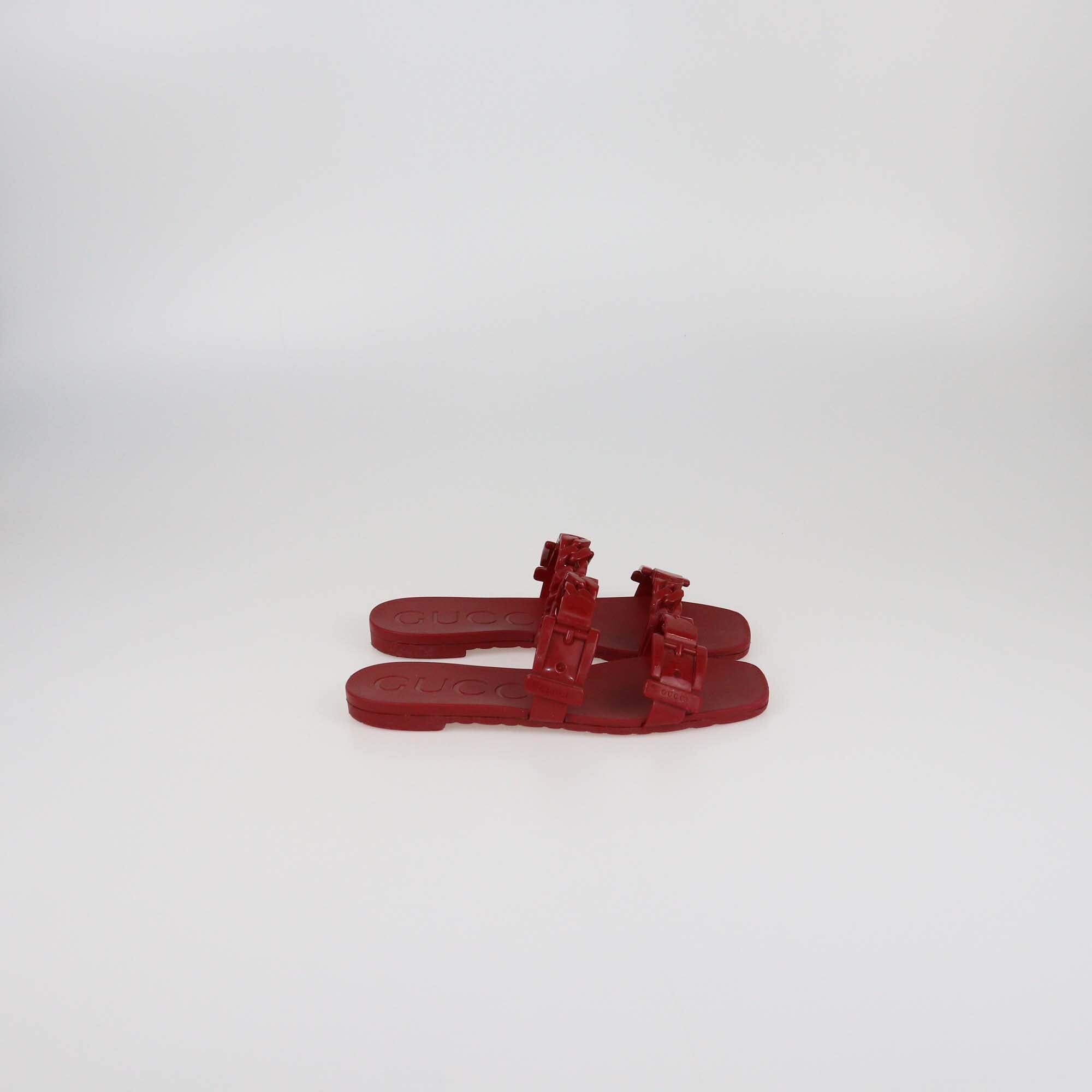 Gucci Red Jelly Chain Link Buckle Slide Flats Womens Gucci