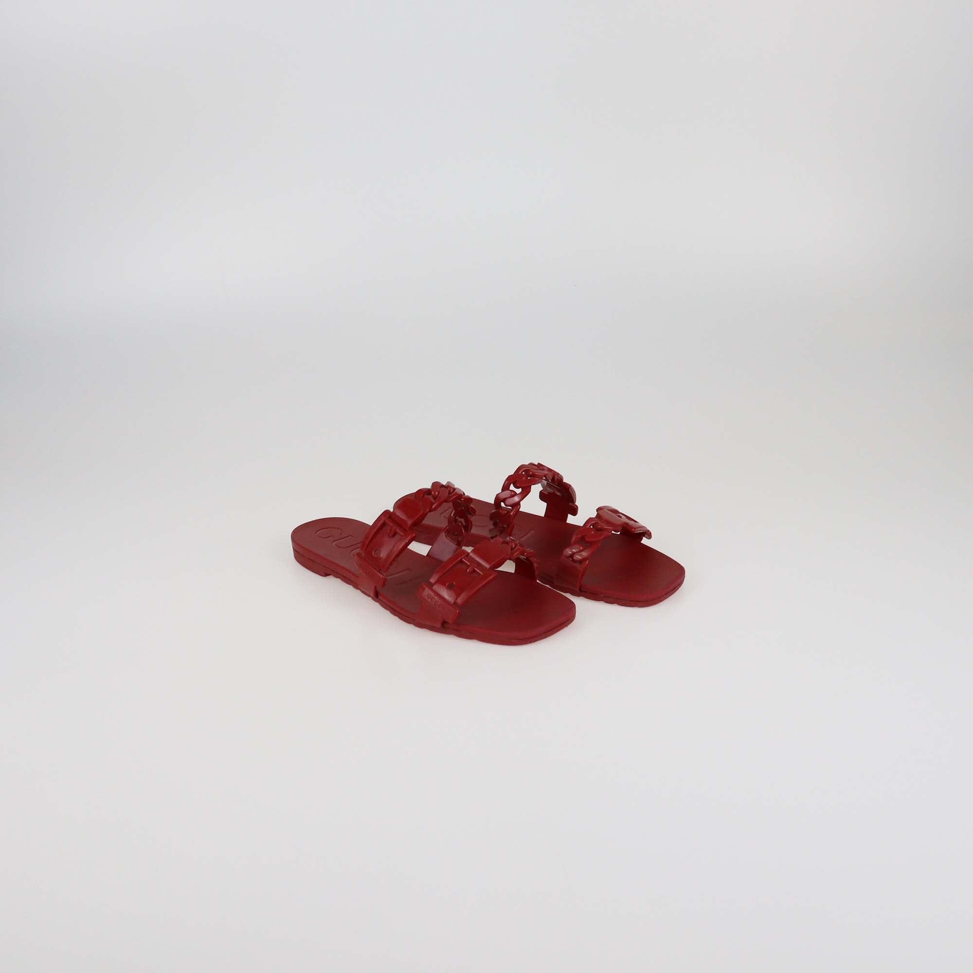 Gucci Red Jelly Chain Link Buckle Slide Flats Womens Gucci
