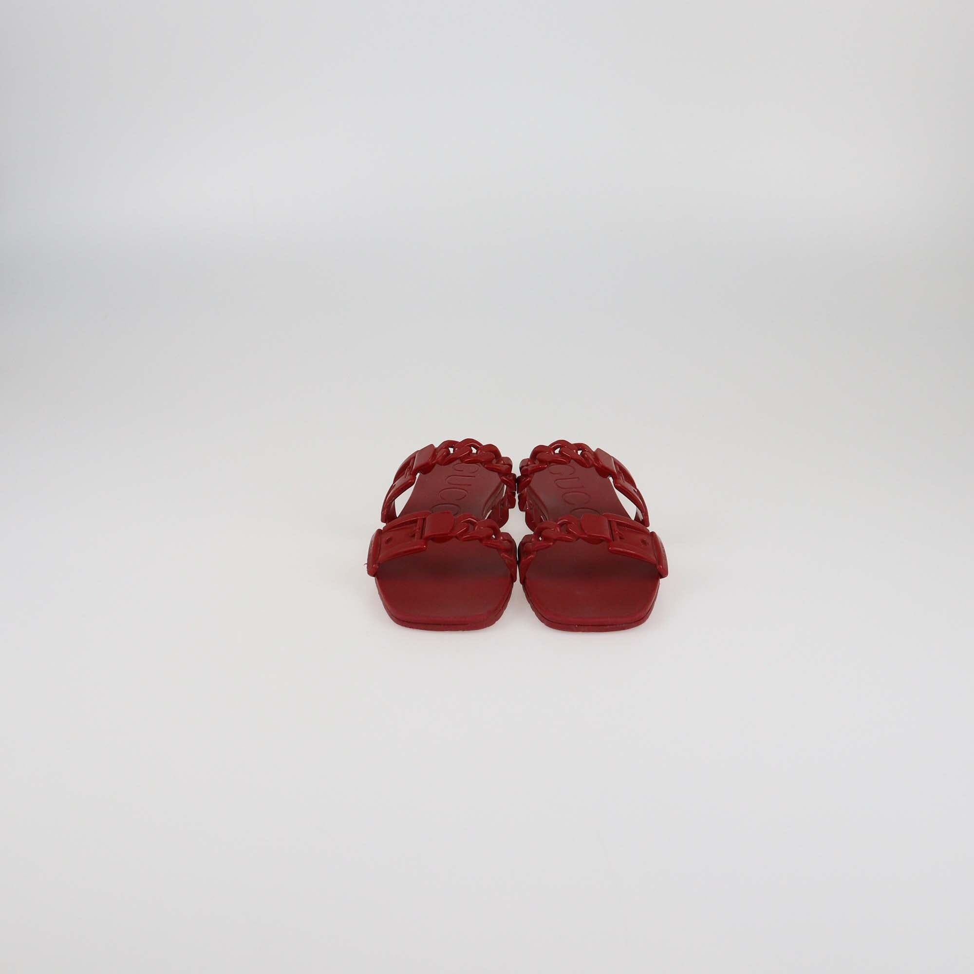 Gucci Red Jelly Chain Link Buckle Slide Flats Womens Gucci