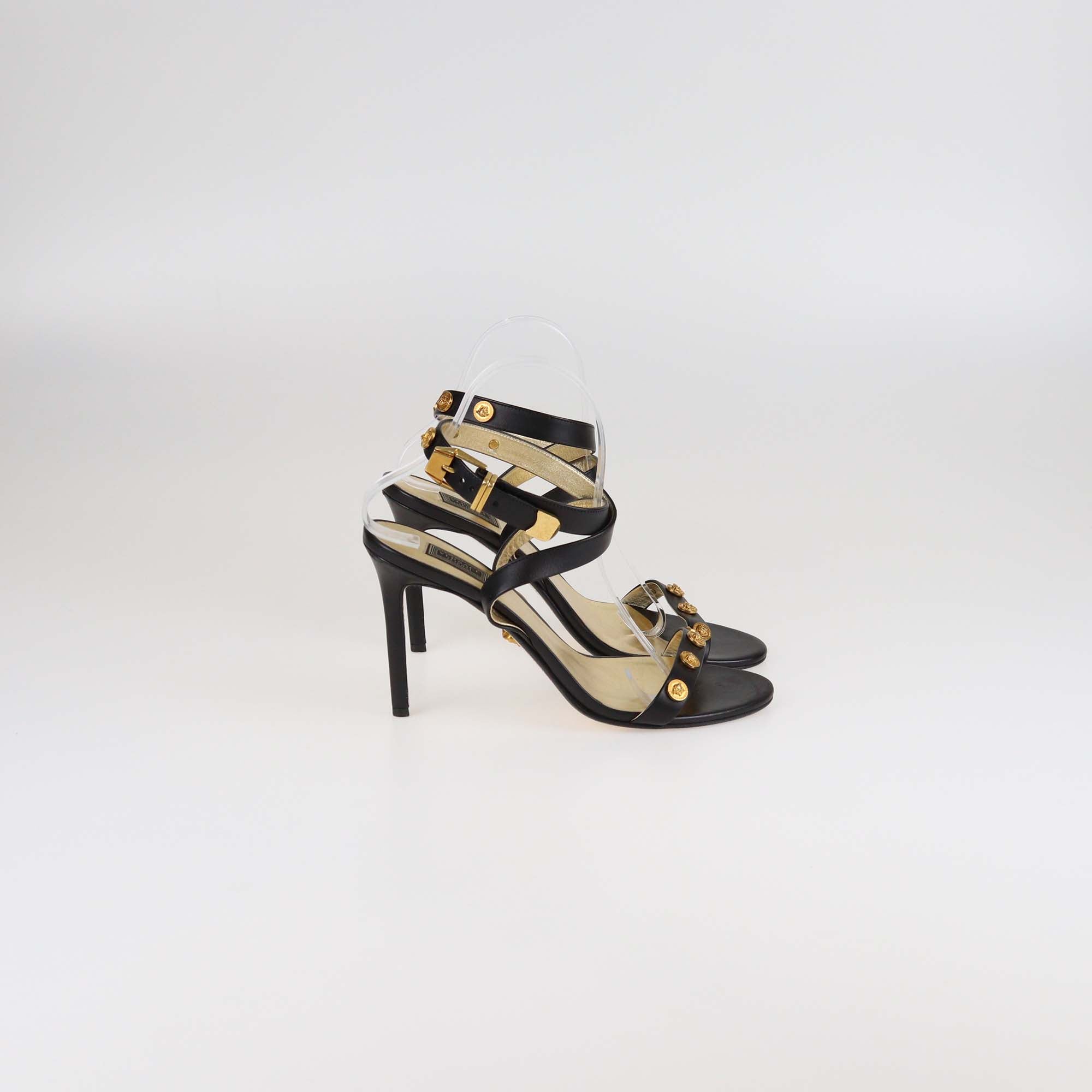 Versace Black/Gold Leather Medusa Studded Ankle Strap Sandals