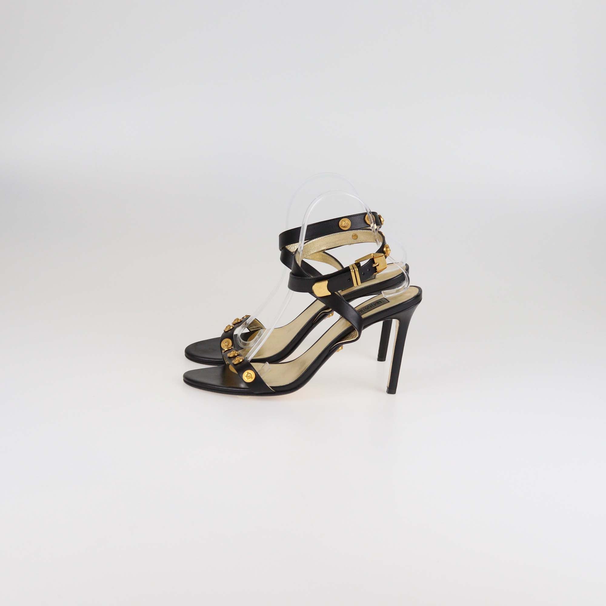 Versace Black/Gold Leather Medusa Studded Ankle Strap Sandals