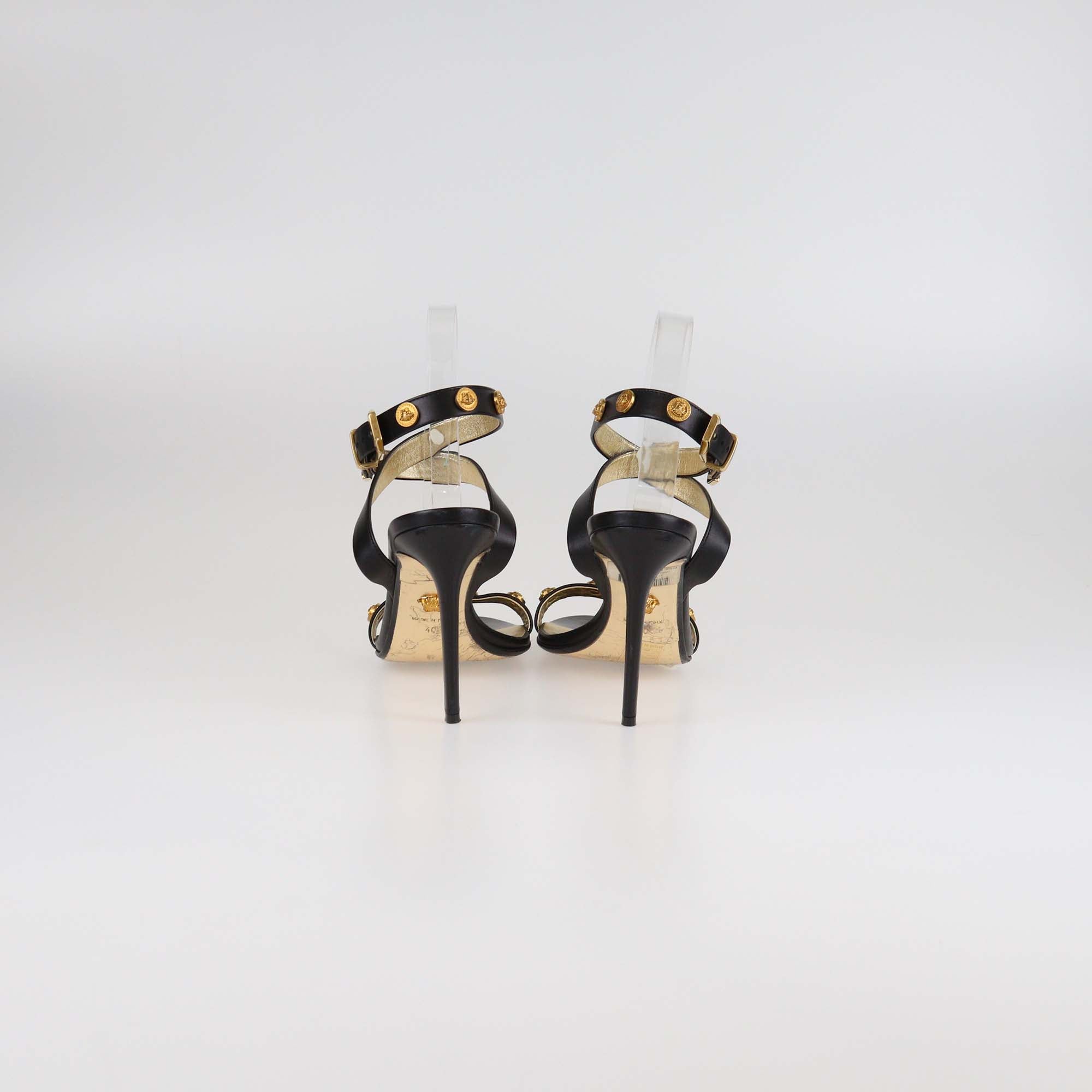 Versace Black/Gold Leather Medusa Studded Ankle Strap Sandals