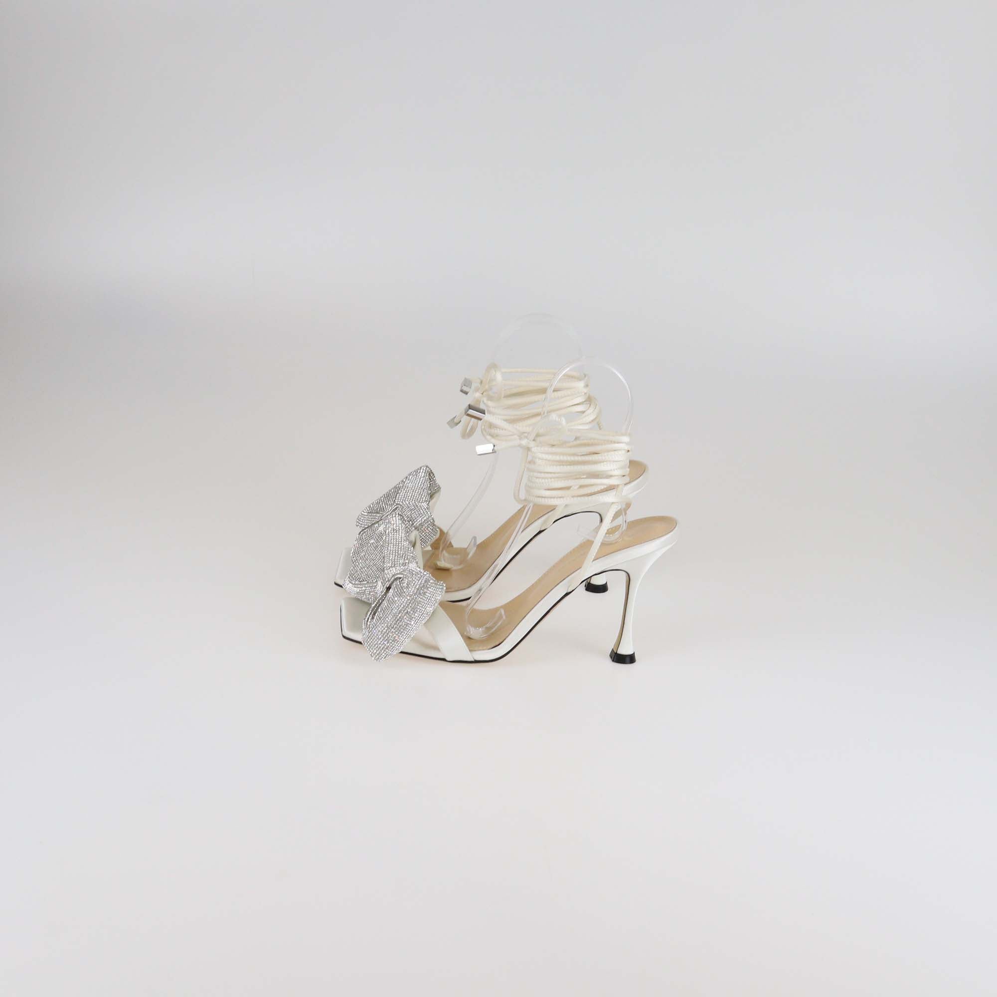 Mach & Mach White/Silver Leather & Crystal Bow Ankle Wrap Sandals