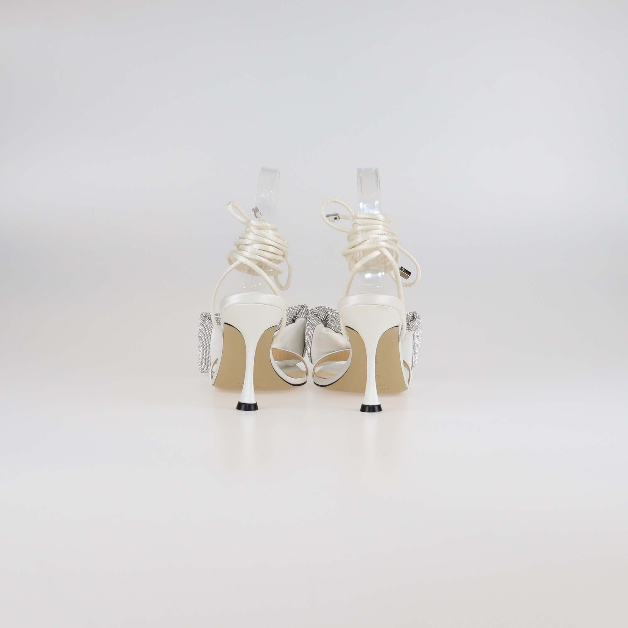 Mach & Mach White/Silver Leather & Crystal Bow Ankle Wrap Sandals