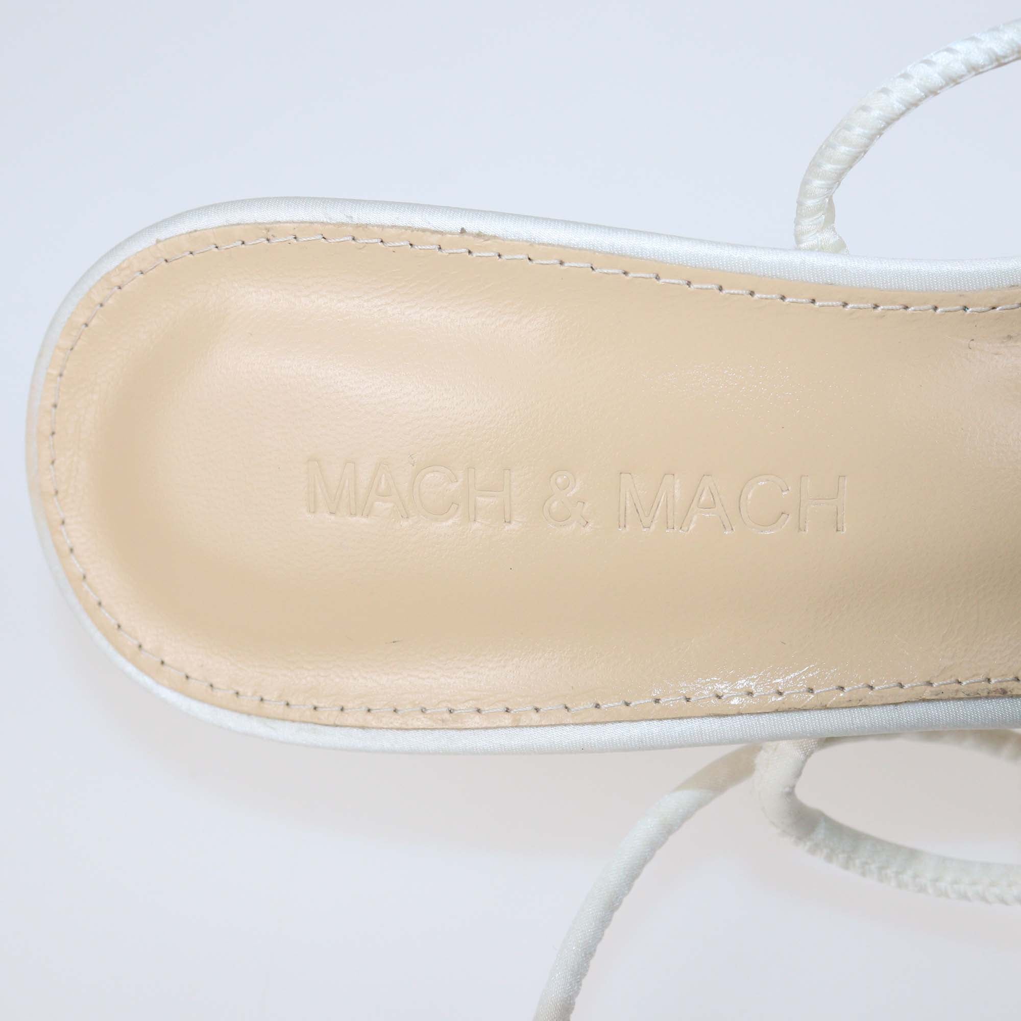 Mach & Mach White/Silver Leather & Crystal Bow Ankle Wrap Sandals
