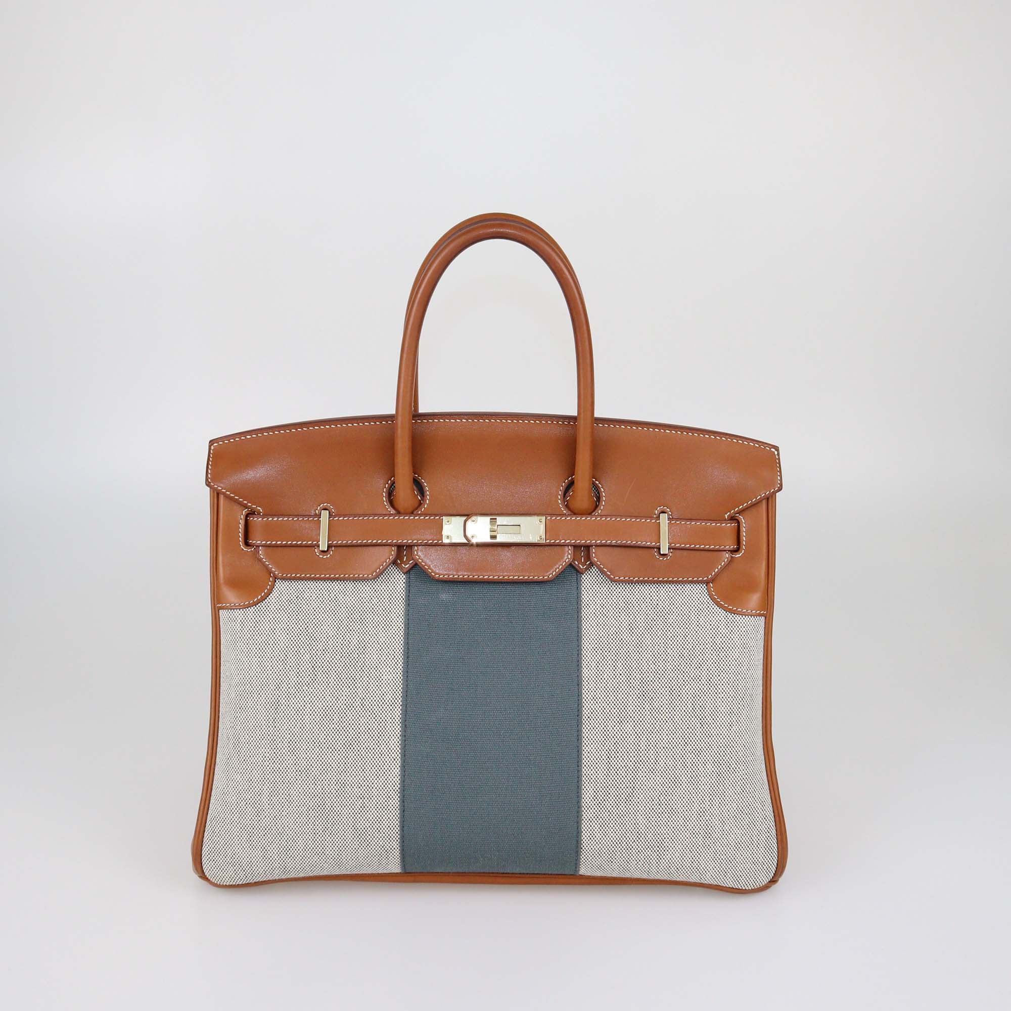 Hermes Fauve/Natural Canvas and Barenia Leather Permabrass Flag Birkin 35 Bag