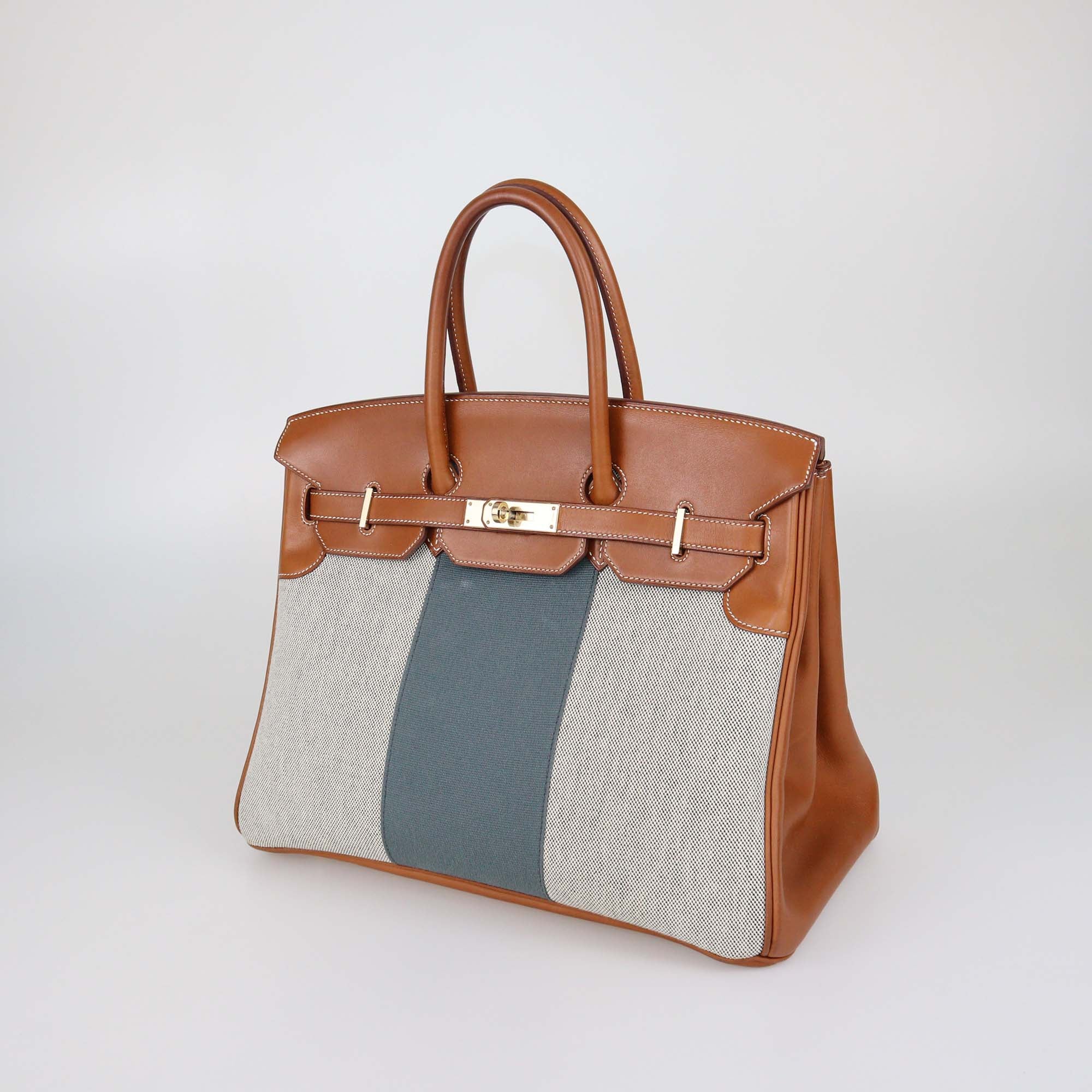 Hermes Fauve/Natural Canvas and Barenia Leather Permabrass Flag Birkin 35 Bag