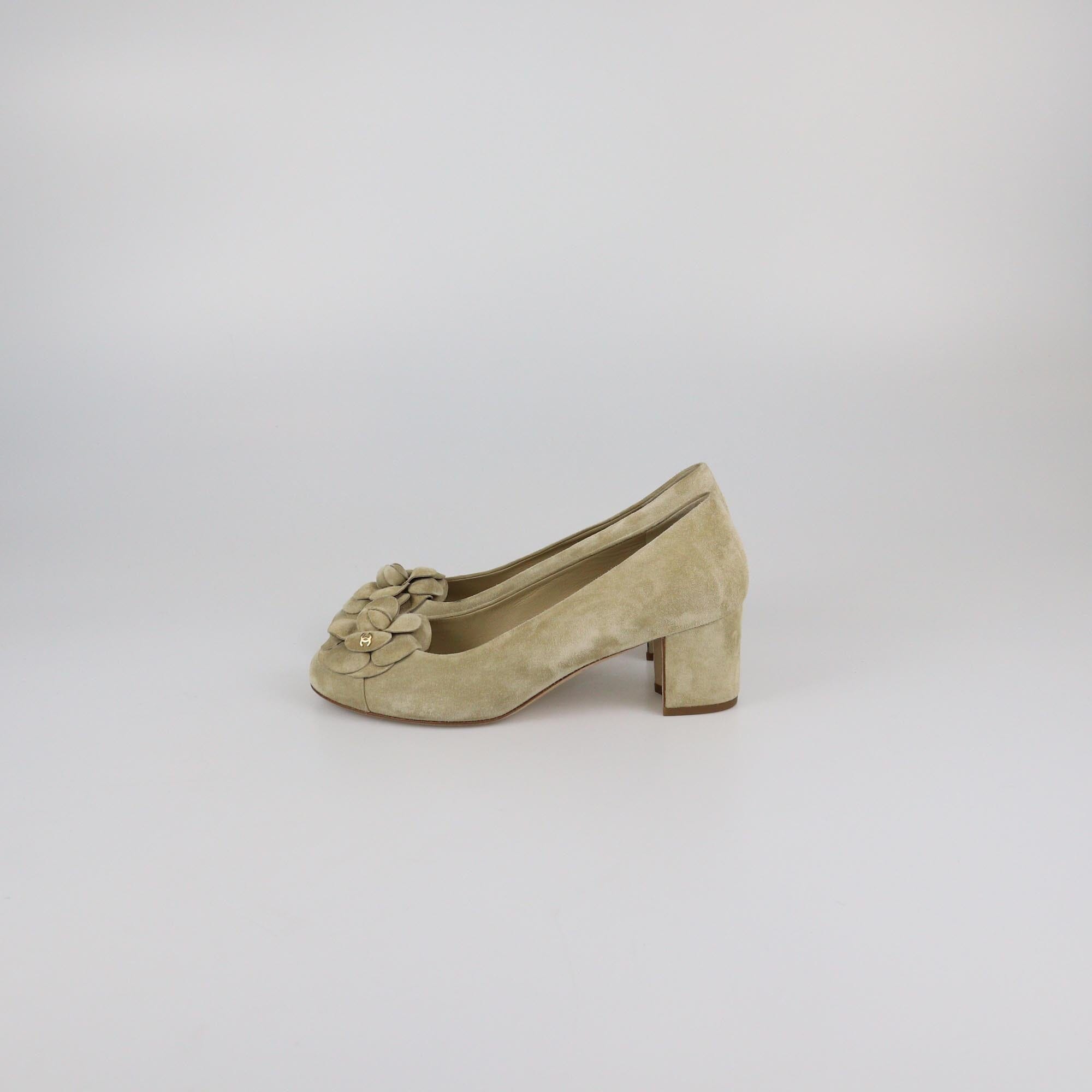 Chanel Beige CC Camellia Cap Toe Heel Pumps Womens Chanel