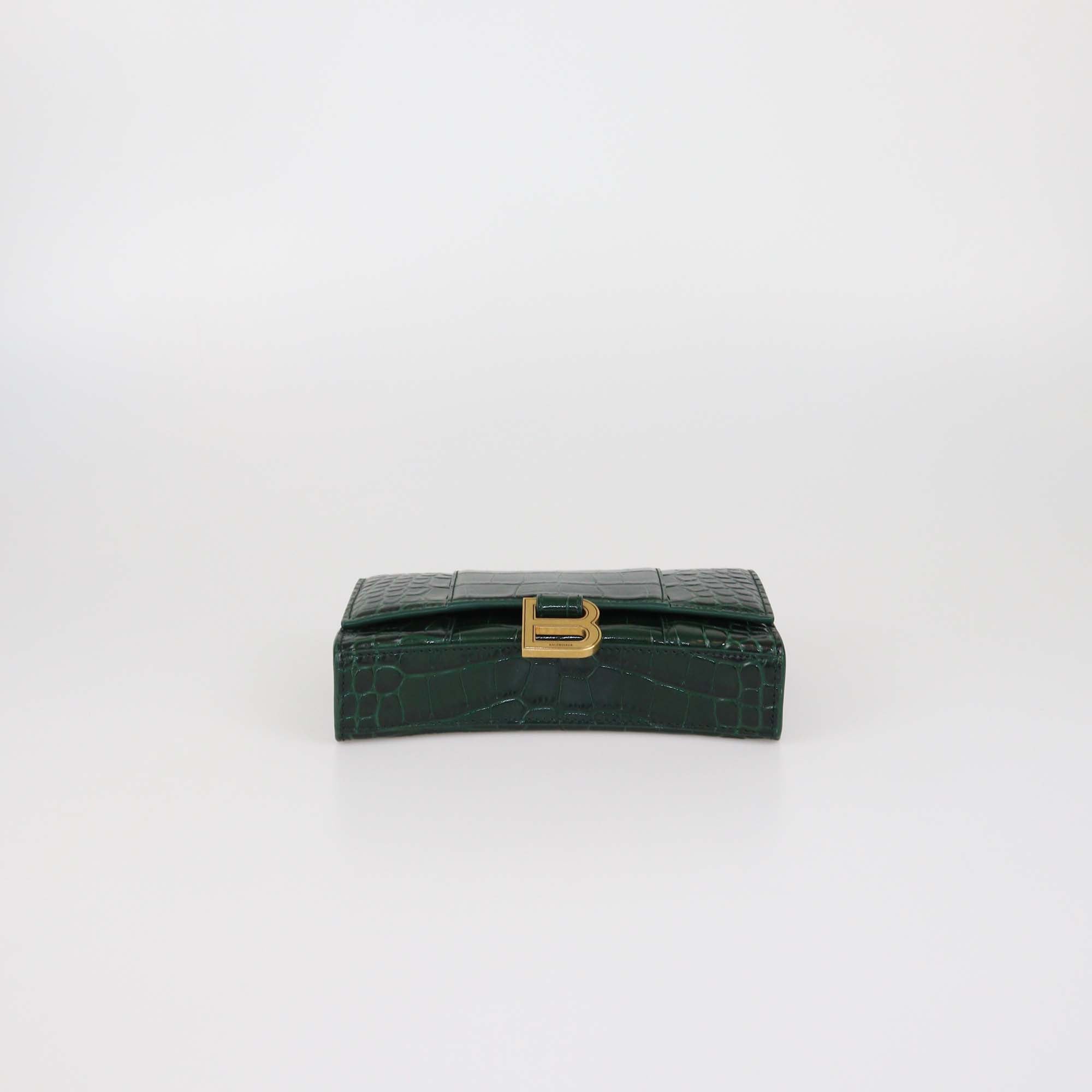Balenciaga Green Croc Embossed Leather Hourglass Wallet on Chain