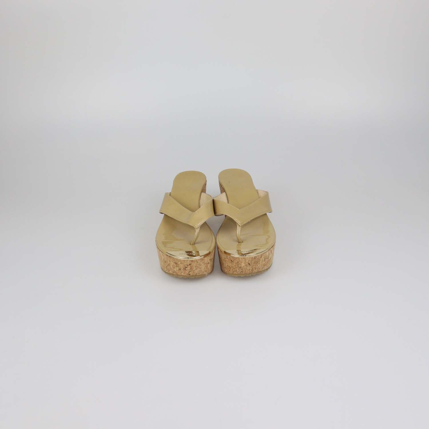 Jimmy Choo Beige Patent Leather Pathos Thong Wedge Sandals