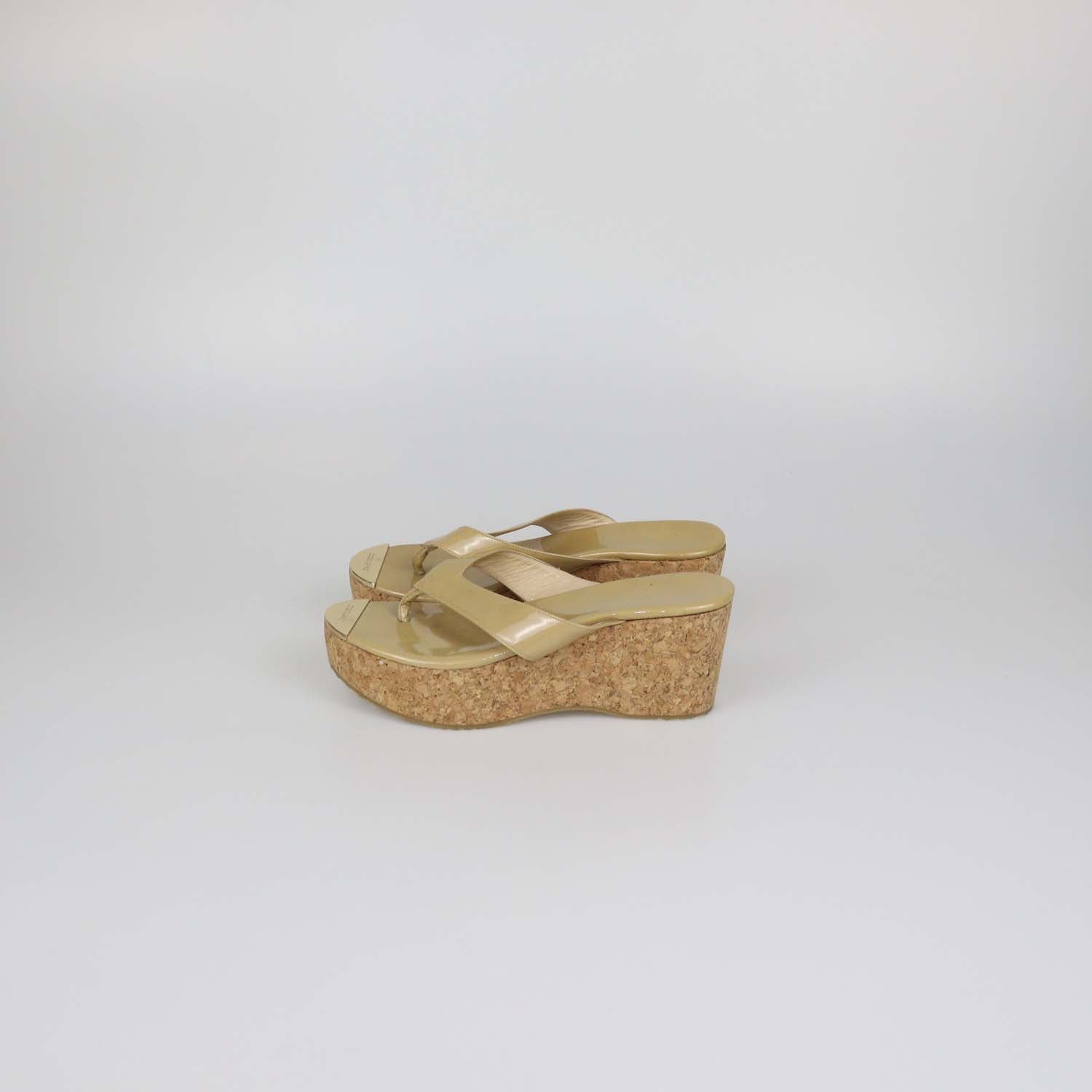 Jimmy Choo Beige Patent Leather Pathos Thong Wedge Sandals