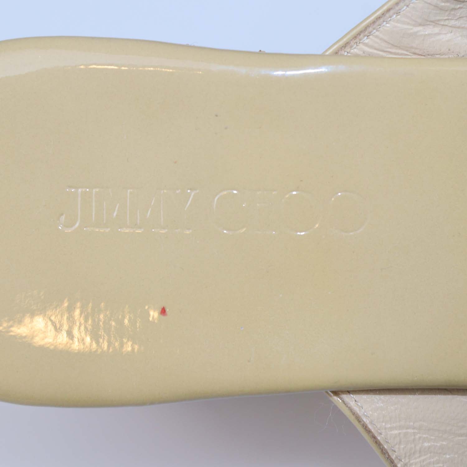 Jimmy Choo Beige Patent Leather Pathos Thong Wedge Sandals