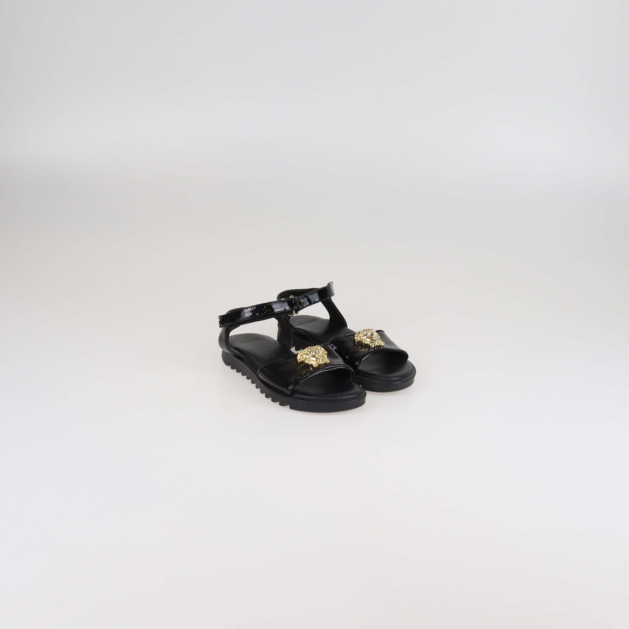 Versace Kids Black Patent Leather Medusa Ankle Sandals